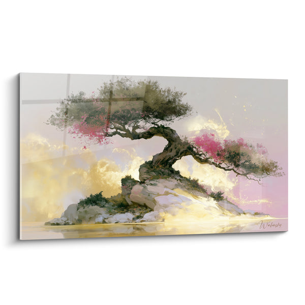 Tableau Bonsaï doré et rose sur rocher - Éveil sur la roche - Edition Olivier