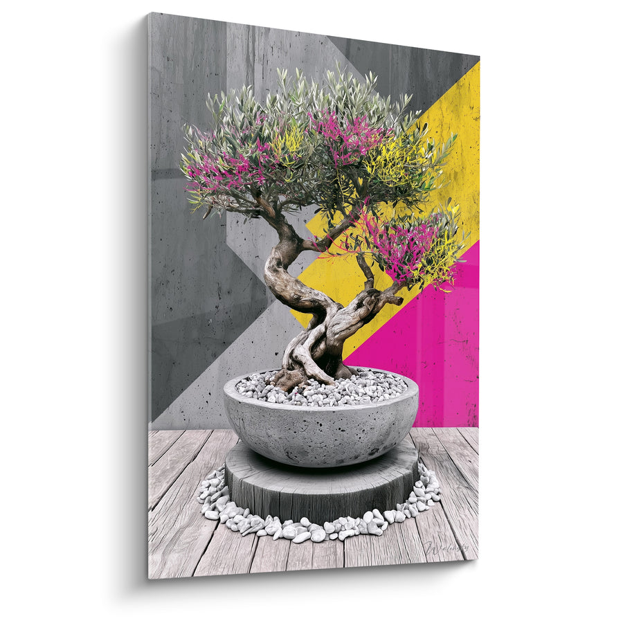 Tableau Bonsaï tronc noueux fond jaune fuchsia - Choc des époques - Edition Olivier