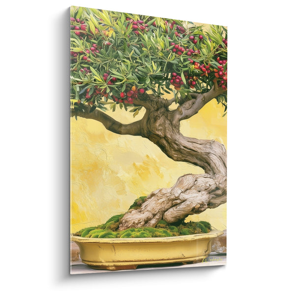 Tableau Bonsaï beige et vert aux baies pourpres - Pot en céramique jaune - Edition Olivier