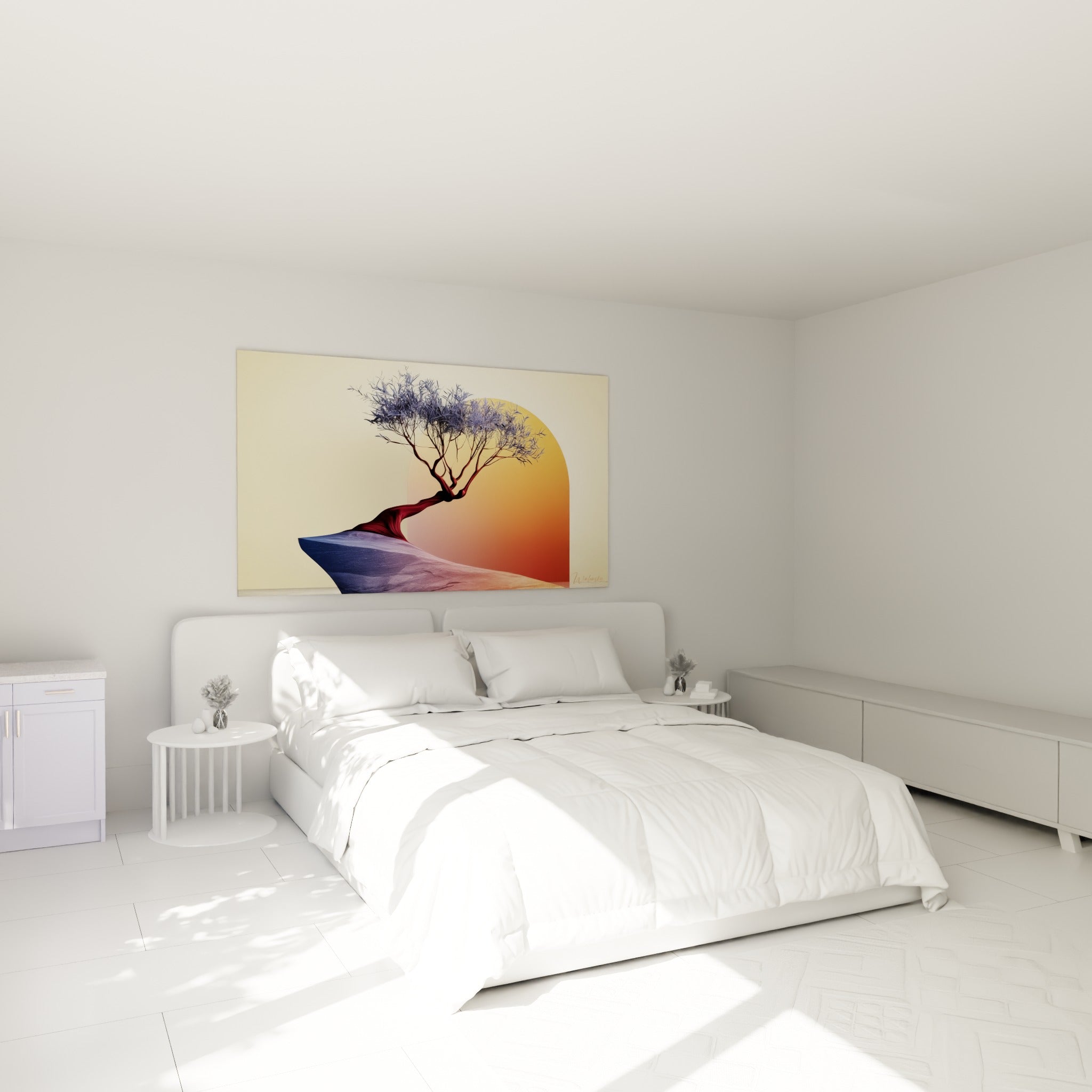 Silhouette d'olivier bordeaux et bleu lavande accrochée au-dessus d'un lit dans une chambre claire