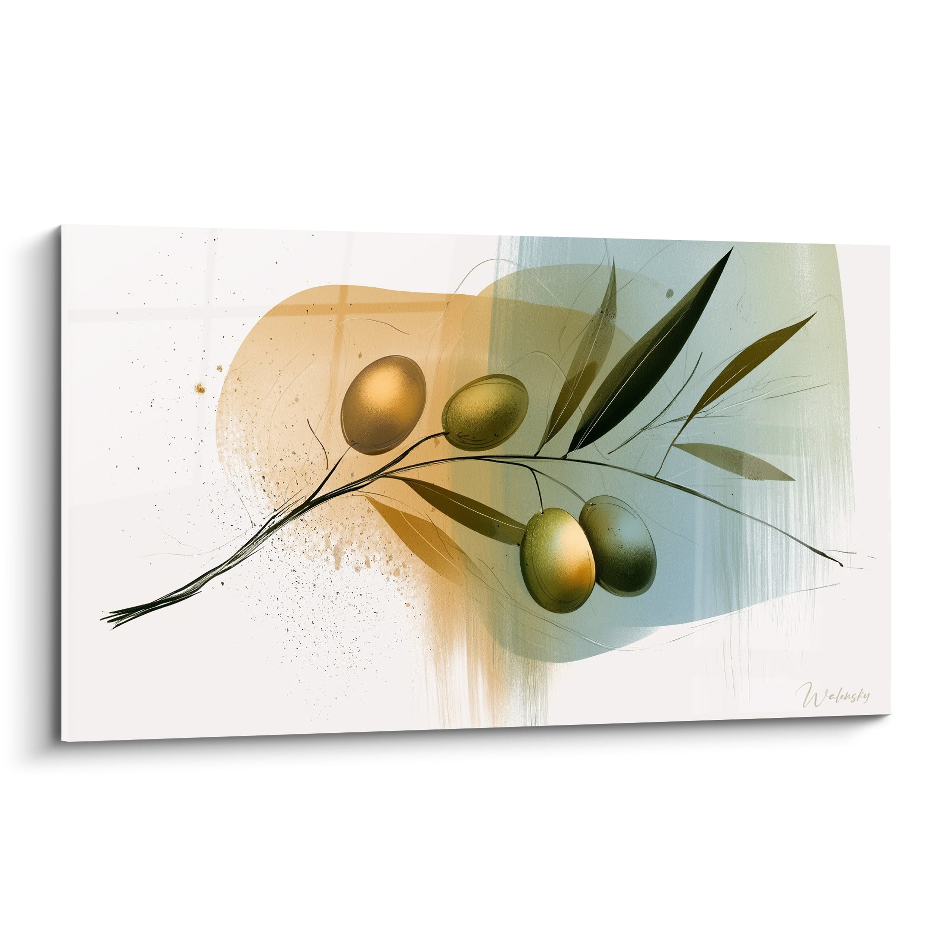 Branche d'olivier ocre et bleu pastel avec olives dorées, composition graphique épurée sur fond clair