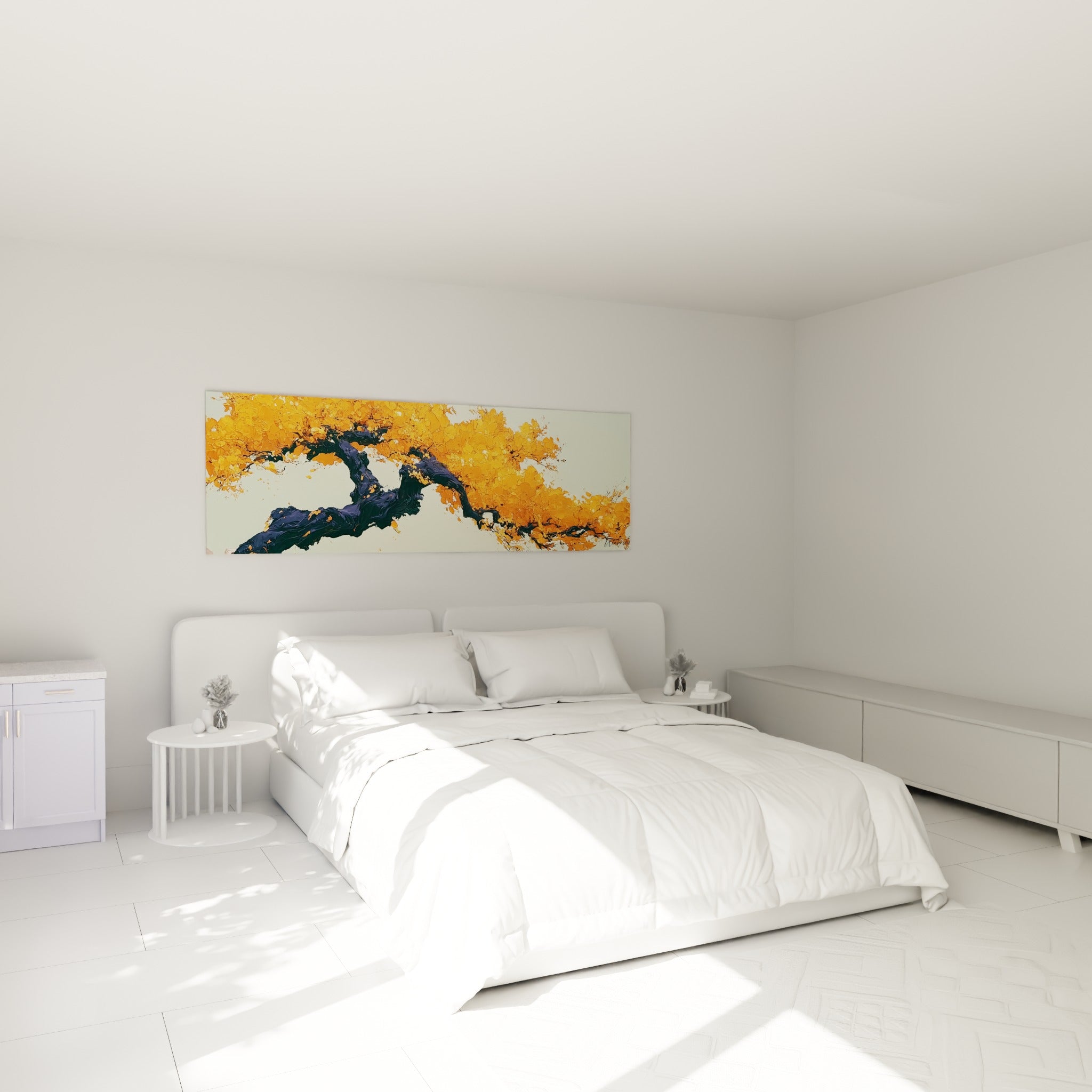 Branche d'olivier sinueuse aux couleurs dorées et anthracite au-dessus d'un lit dans une chambre claire