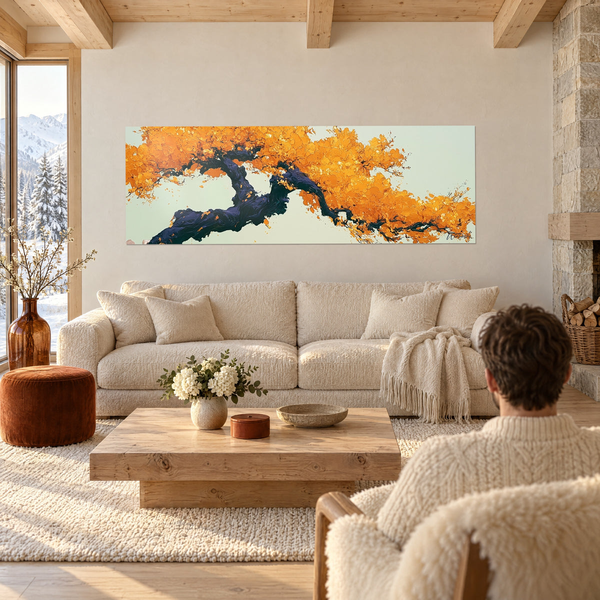 Quadro ulivo dalle foglie arancio vivo e tronco indaco nodoso, sfondo verde acqua, sopra un divano in un soggiorno luminoso