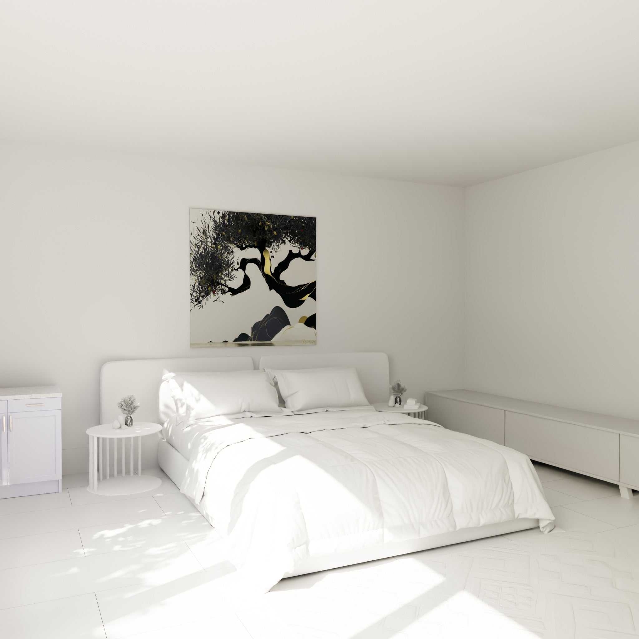 Branches noires et dorées de l'olivier surplombant un lit dans une chambre claire