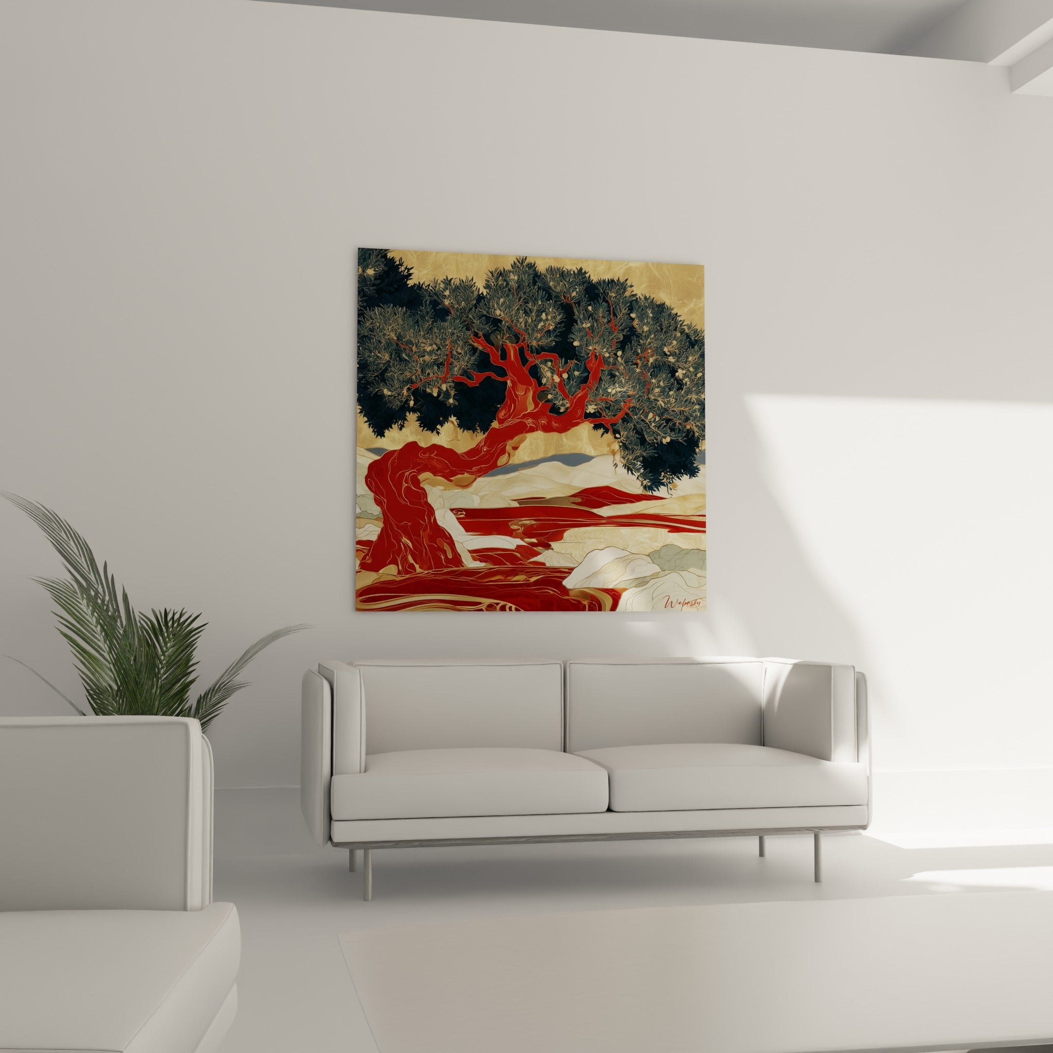 Tronc rouge noueux et feuillage anthracite dominant un mur au-dessus d'un canapé dans un salon lumineux