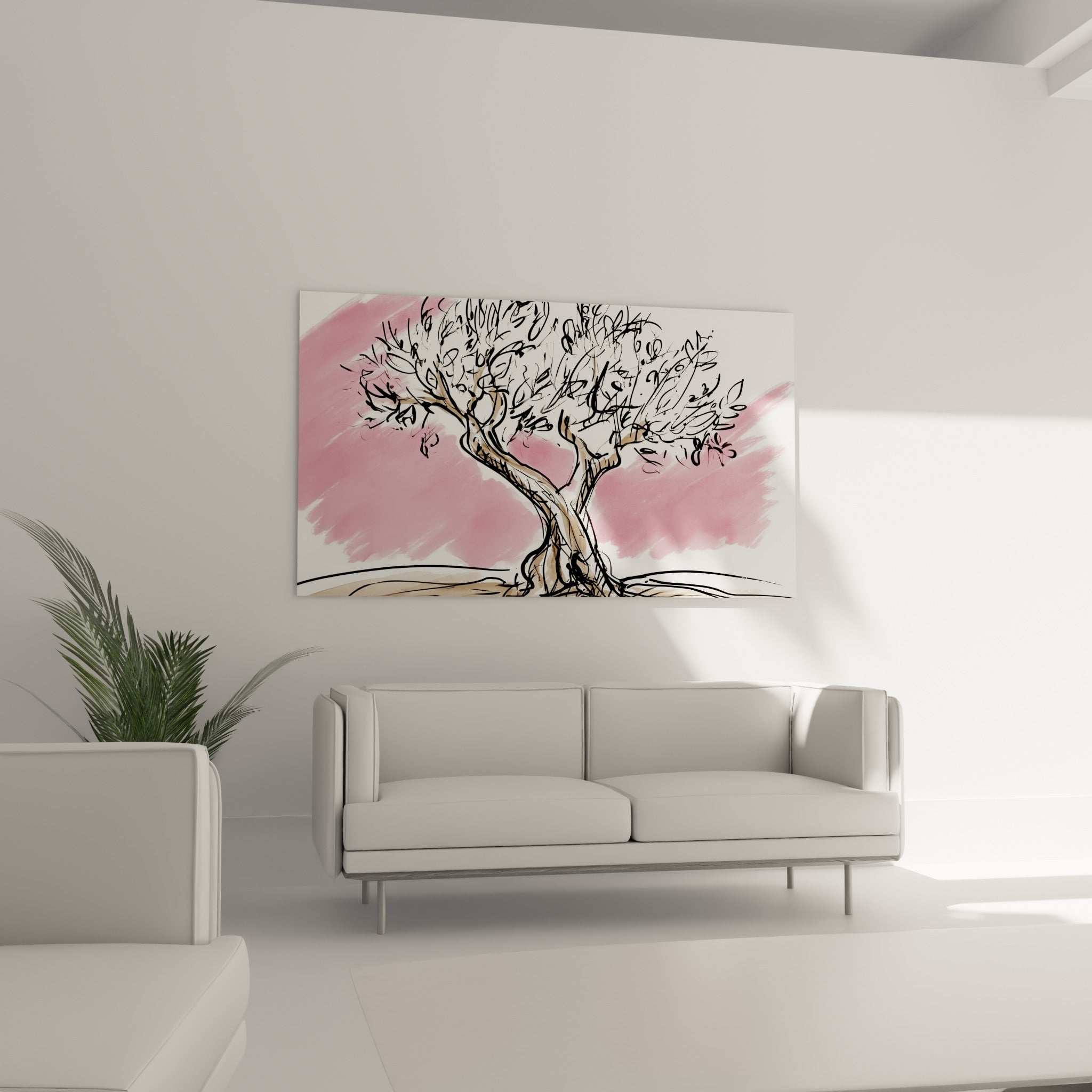 Branches entrelacées de l'olivier en encre noire sur aquarelle rose, au-dessus d'un canapé dans un salon lumineux