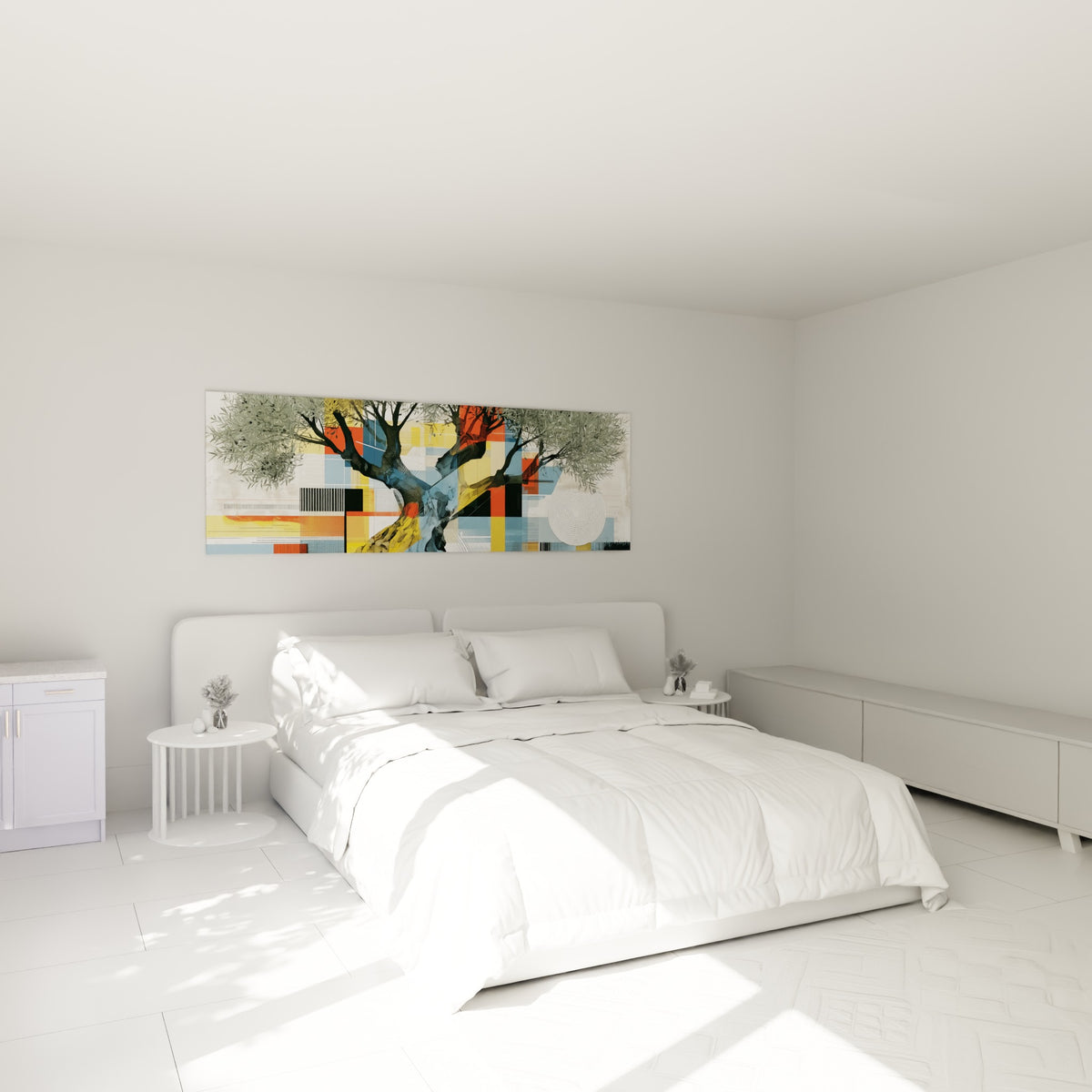 Branches noueuses de l'olivier argenté au-dessus d'un lit dans une chambre claire