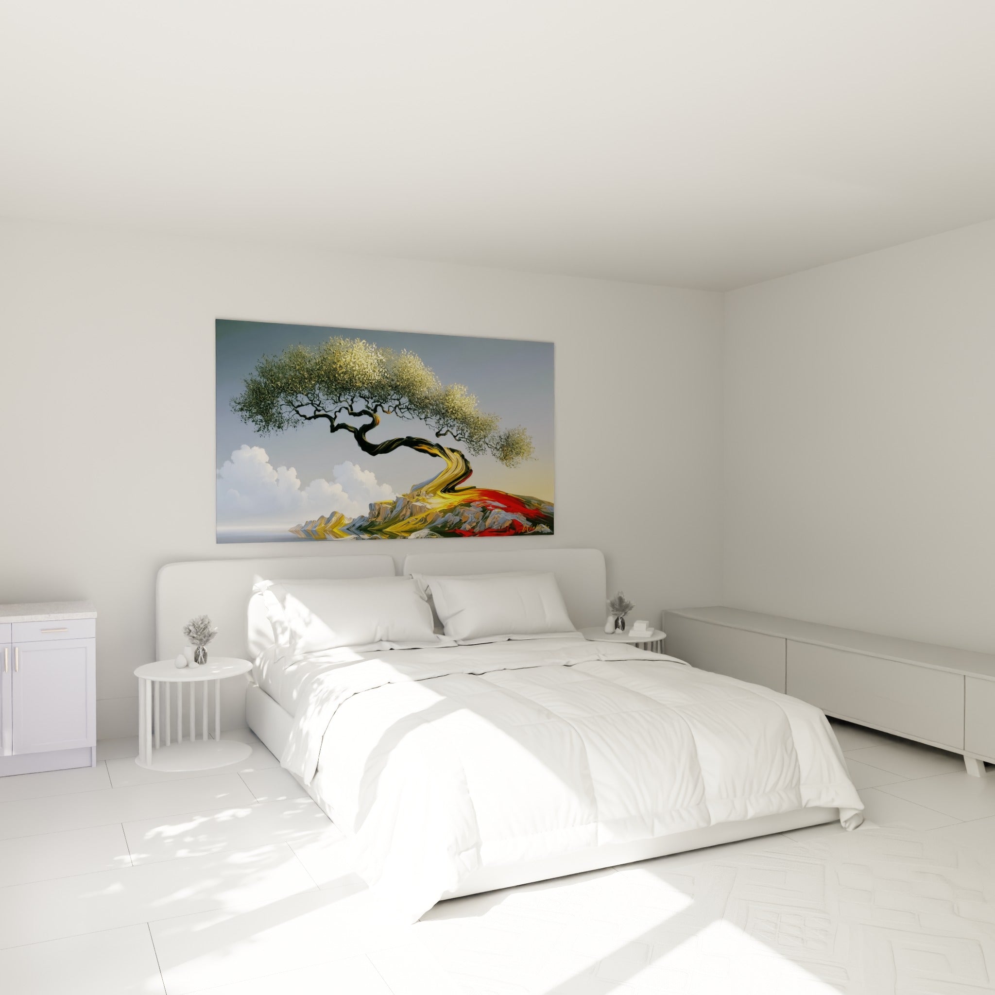 Arbre stylisé aux couleurs ocre et vertes accroché au-dessus d'un lit dans une chambre claire