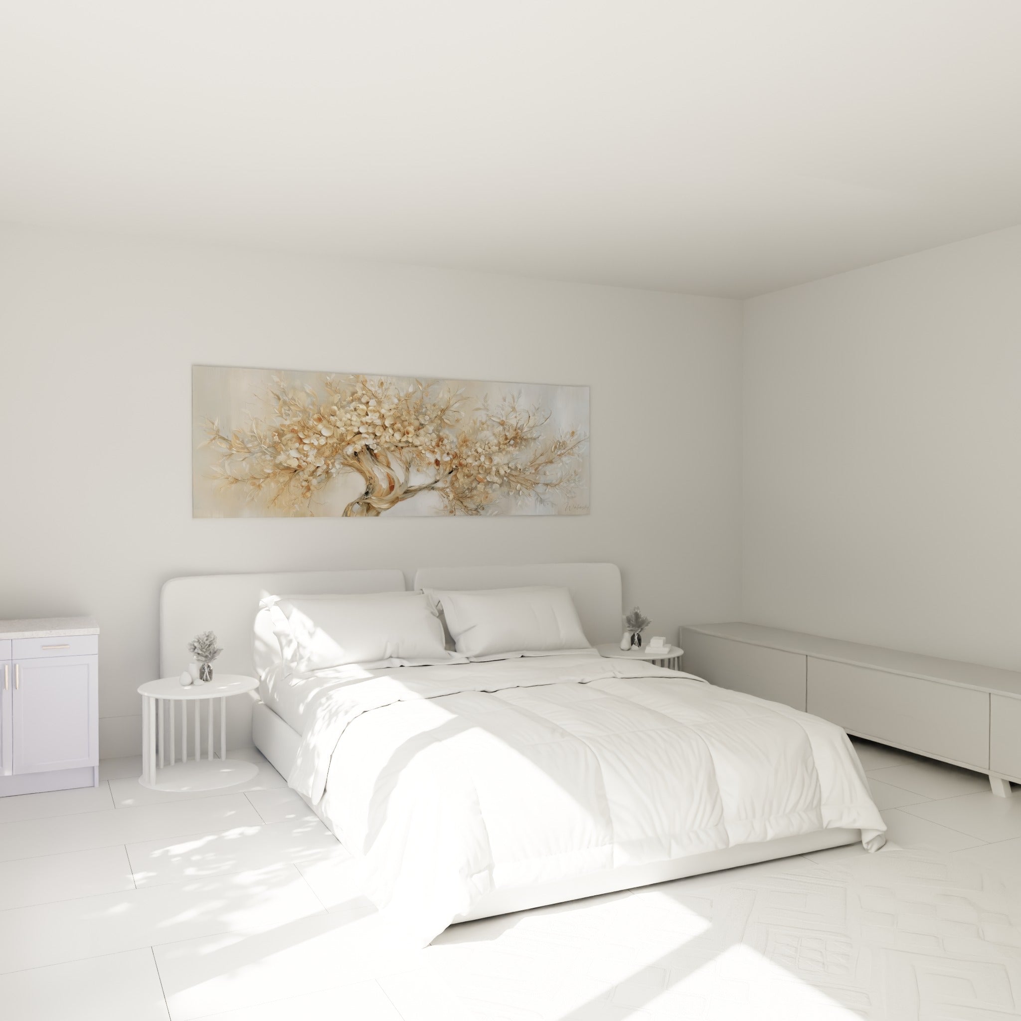 Branches d'Olivier ivoire et beige au-dessus d'un lit dans une chambre claire