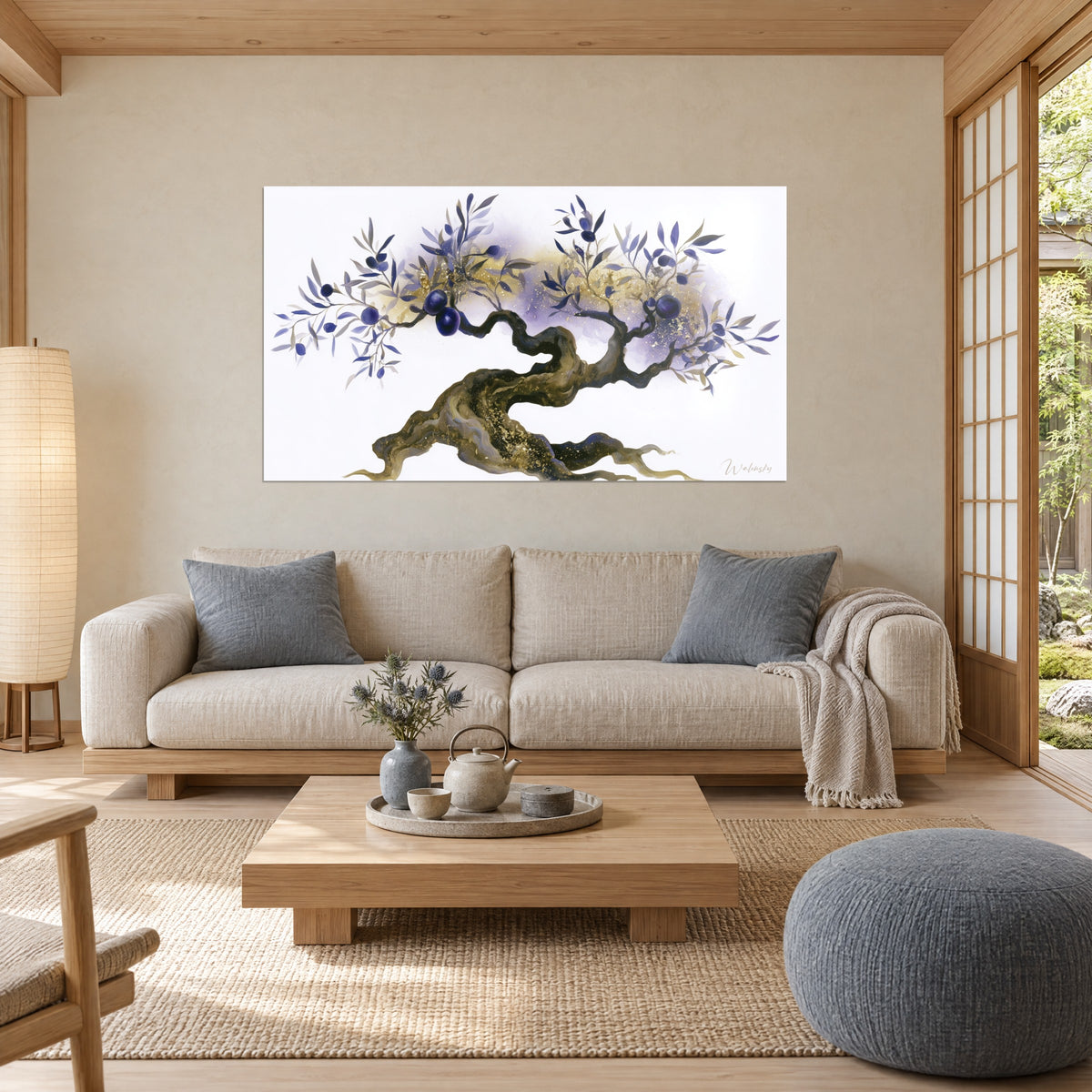 Wall art gnarled olive tree with a twisted gold and brown trunk, indigo leaves and violet olives, white background, above a sofa in a bright living room