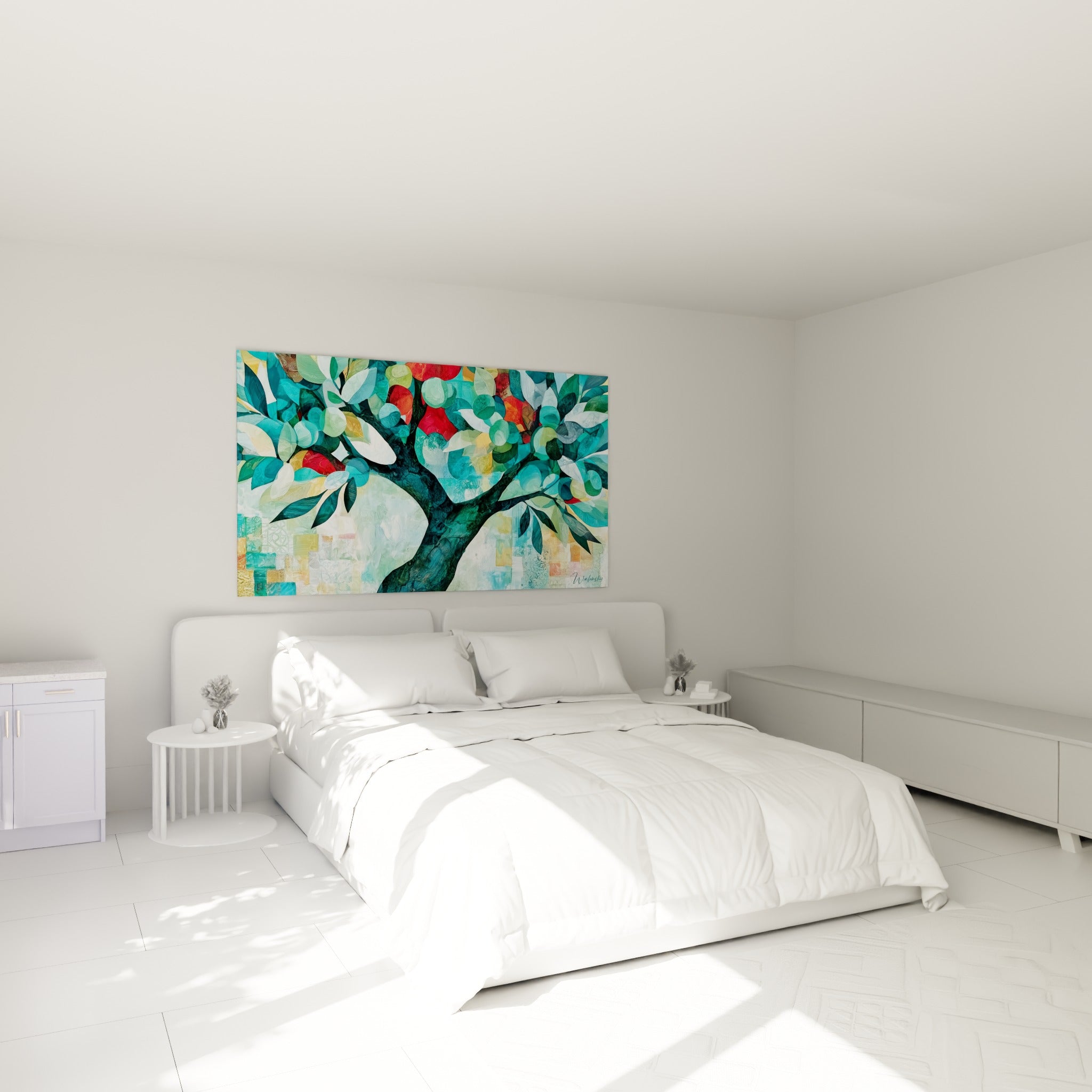 Branches d'olivier turquoise et rouge corail au-dessus d'un lit dans une chambre claire