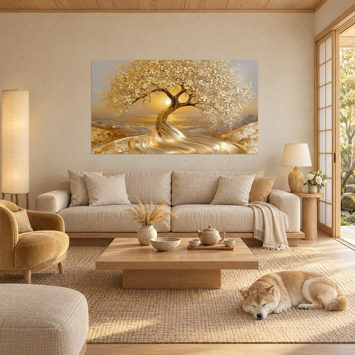 Quadro albero dorato con fogliame in foglia d'oro scolpita, sole bianco su dune beige, shiba addormentato sopra un divano in un soggiorno luminoso