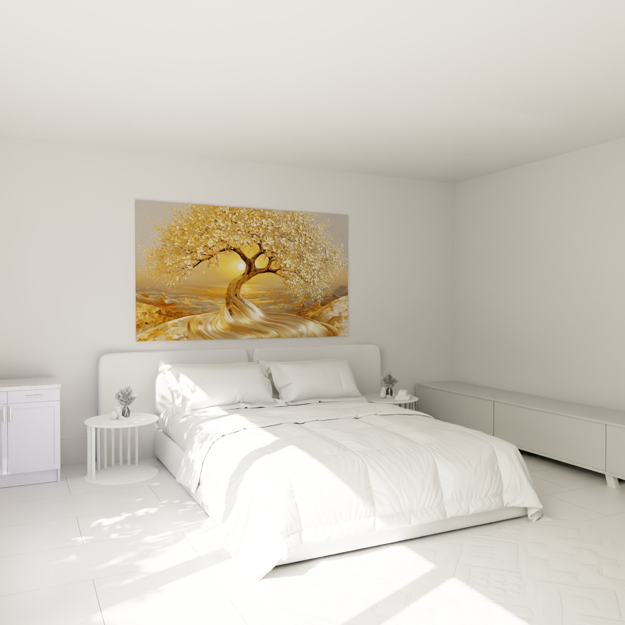 Silhouette dorée de l'olivier et soleil blanc lumineux au-dessus d'un lit dans une chambre claire