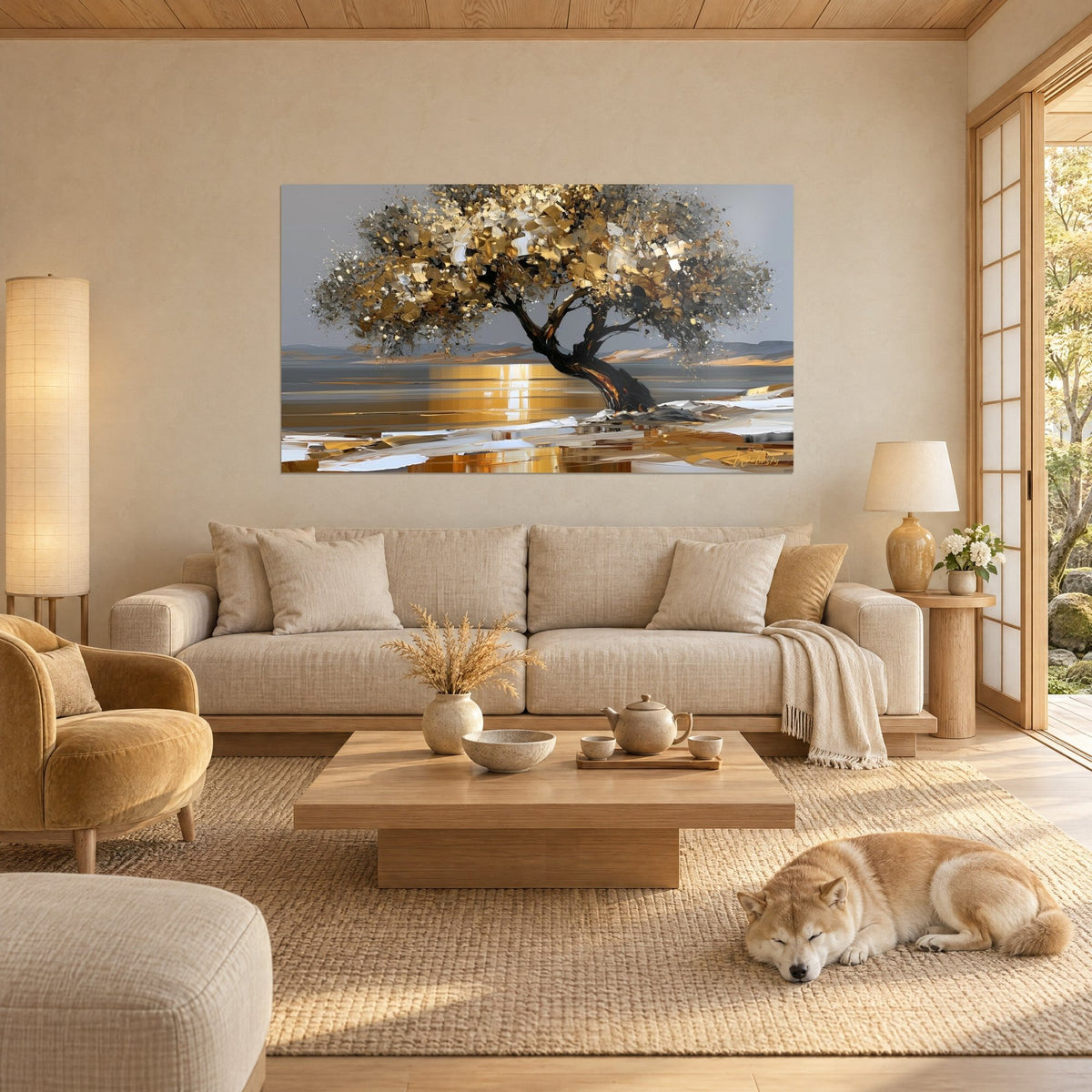 Wall art olive tree with gold leaves against a grey sky, twisted black trunk, amber reflection in the water, shiba, above a sofa in a bright living room
