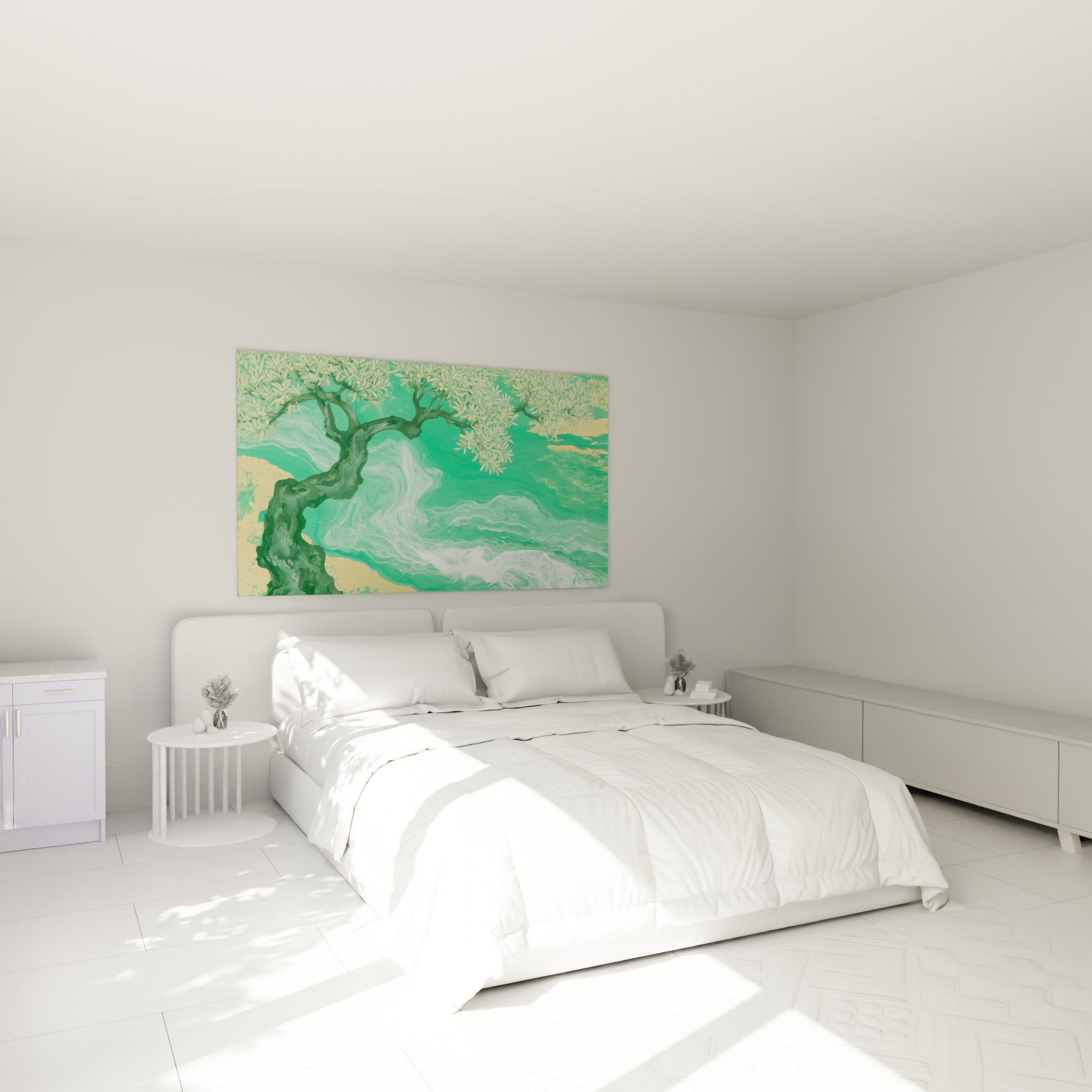 Branches d'olivier vertes et dorées accrochées au-dessus d'un lit dans une chambre claire