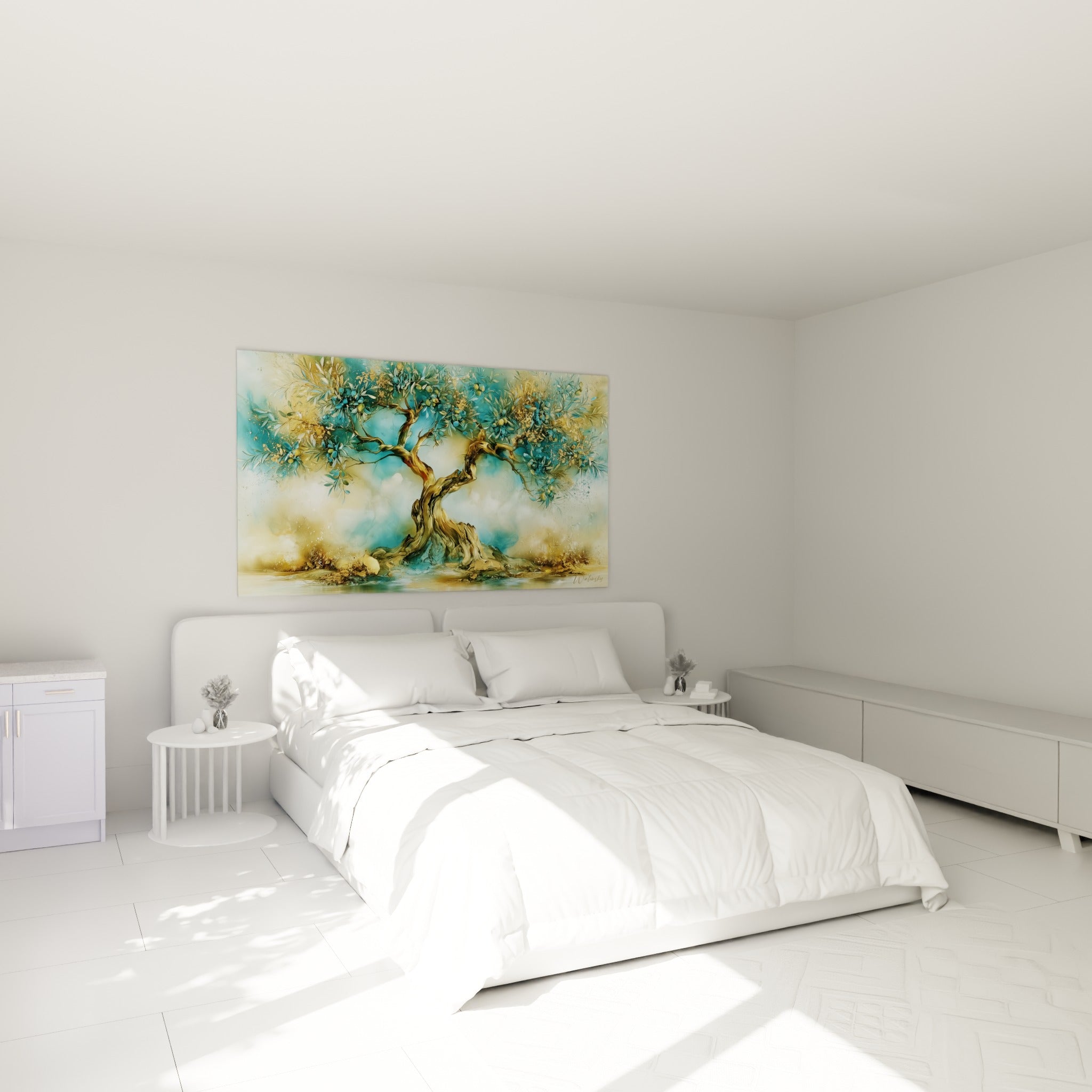 Branches dorées et olives bleutées de cet Olivier accroché au-dessus d'un lit dans une chambre claire