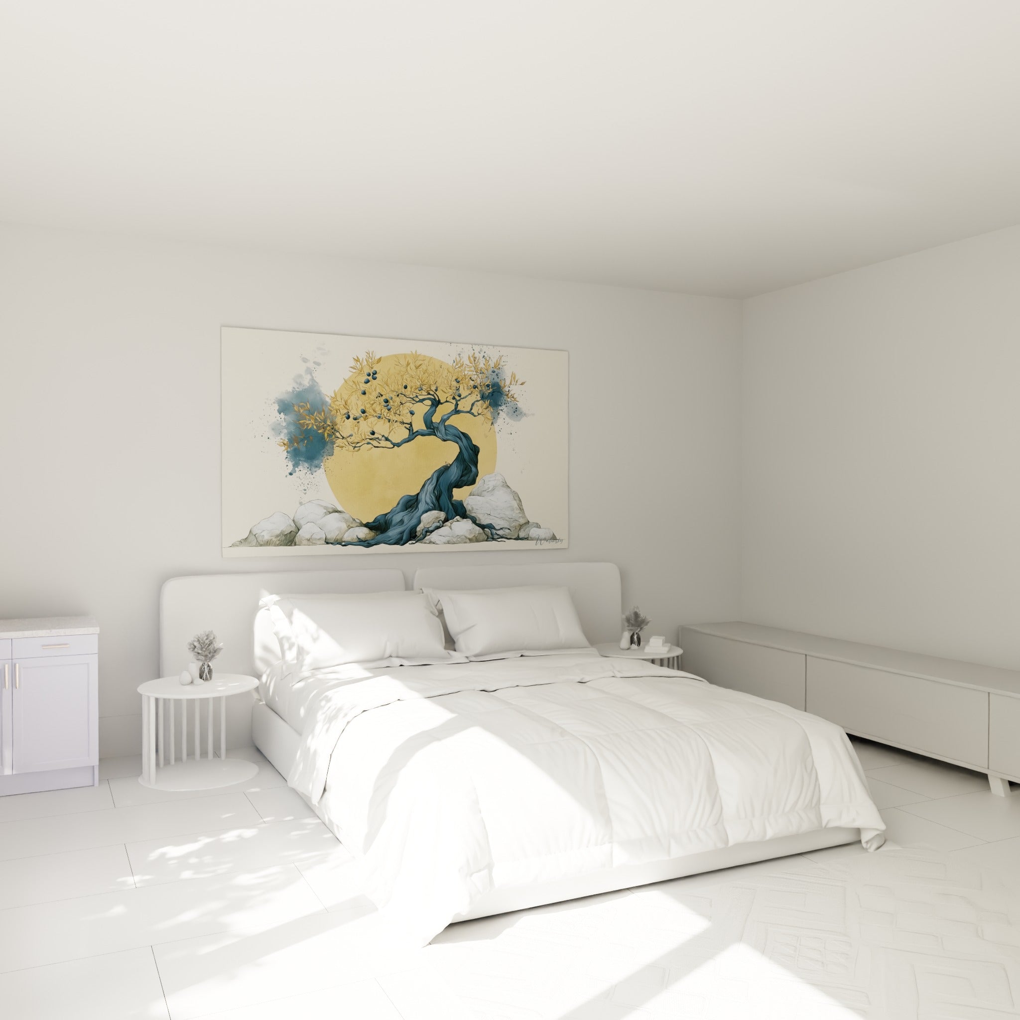 Arbre noueux bleu marine et doré, l'Olivier, accroché au-dessus d'un lit dans une chambre claire