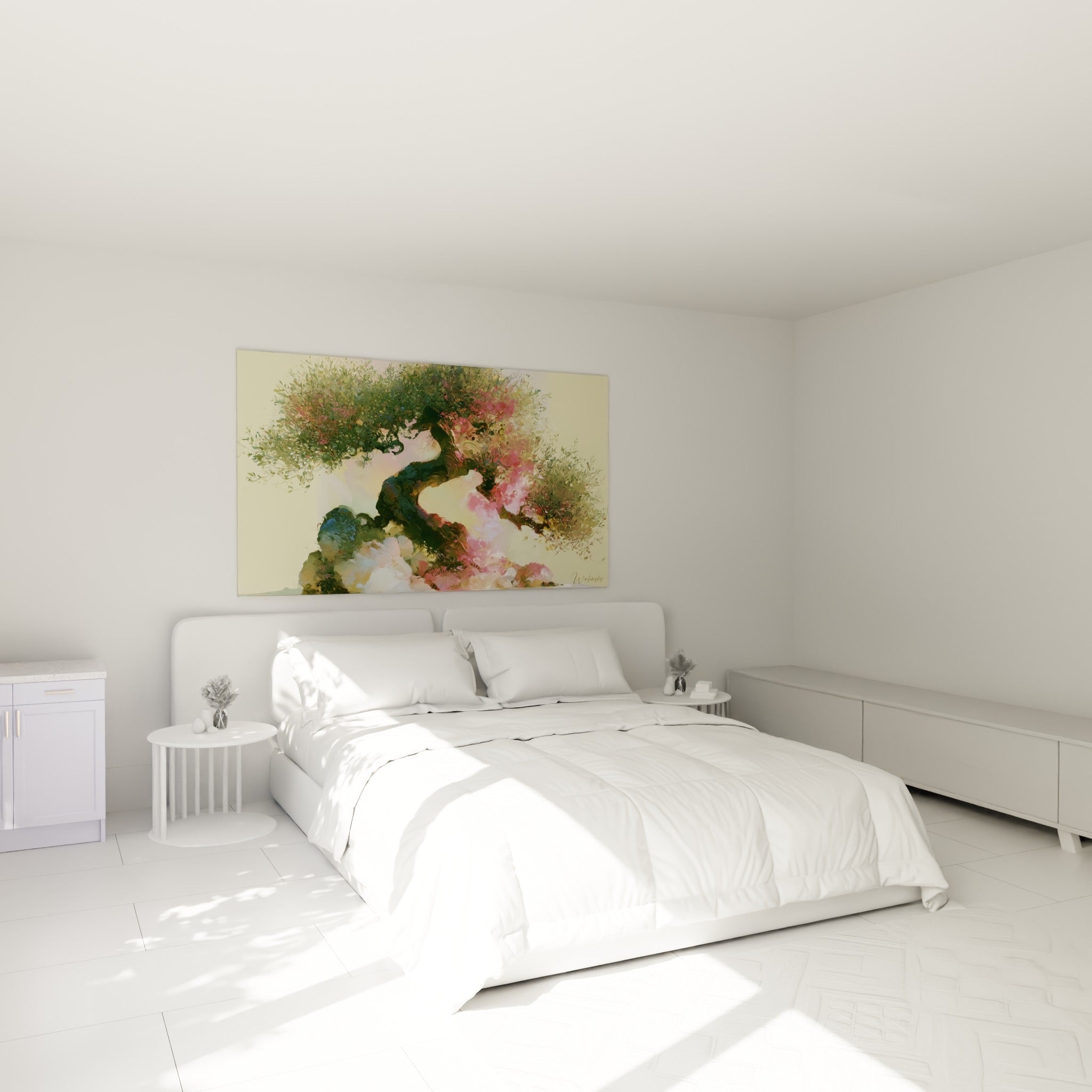 Branches fleuries roses d'un olivier peint au-dessus d'un lit dans une chambre claire