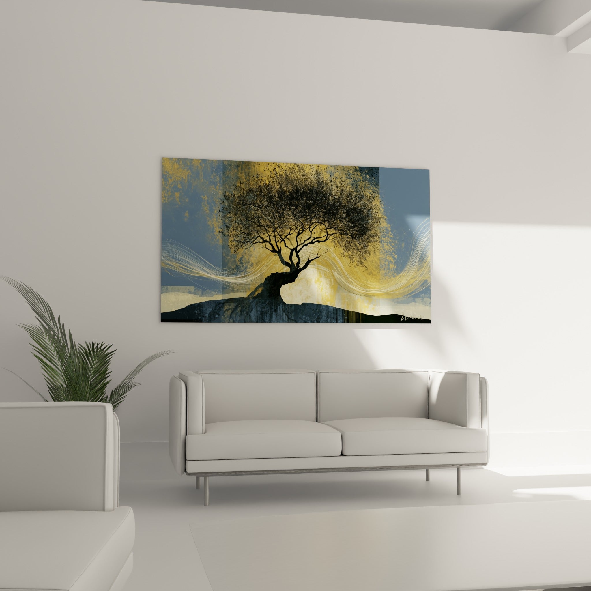 Branches sombres d'un olivier se détachant sur fond bleu marine et doré, au-dessus d'un canapé dans un salon lumineux