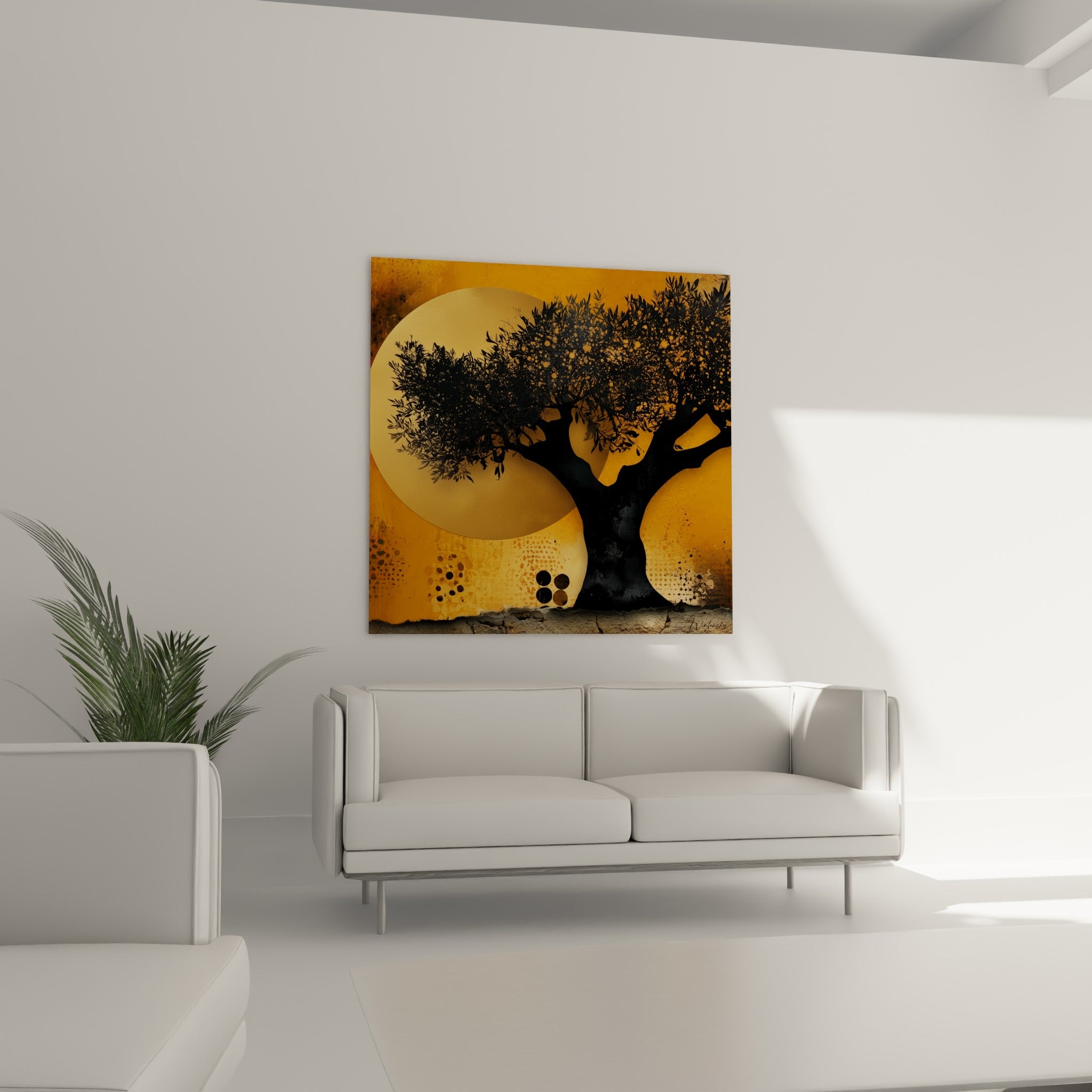 Arbre noir aux branches denses et fond orangé placé au-dessus d'un canapé dans un salon lumineux