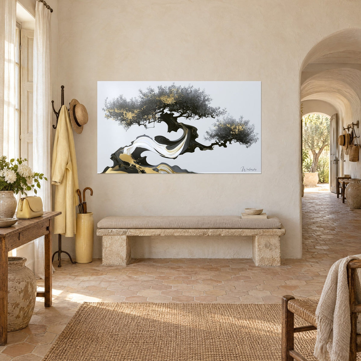 Wall art gnarled tree with white and golden swirls on a pearl grey background, hanging in the vaulted hallway of a Provençal farmhouse