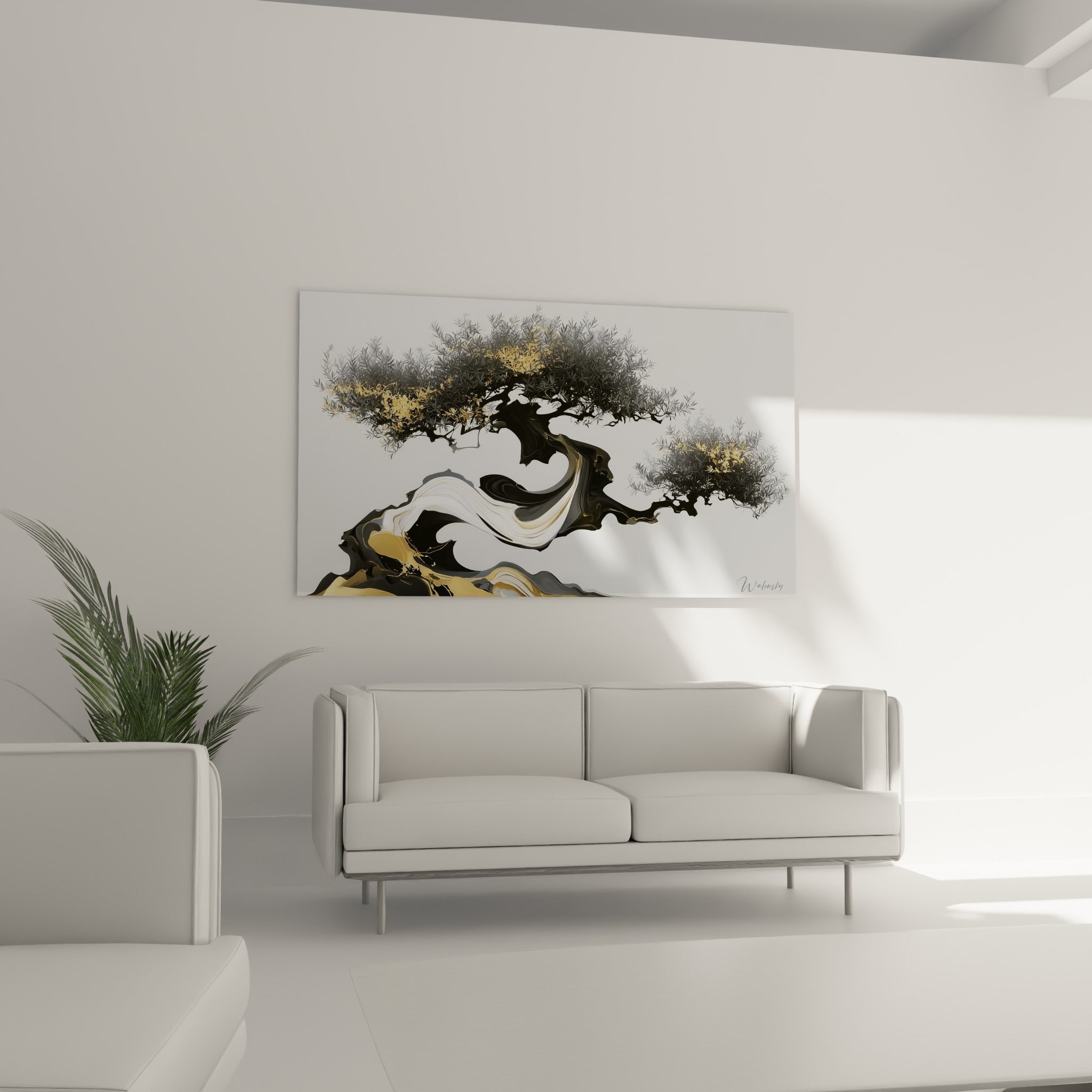 Branches graphiques d'olivier gris et doré suspendues au-dessus d'un canapé dans un salon lumineux