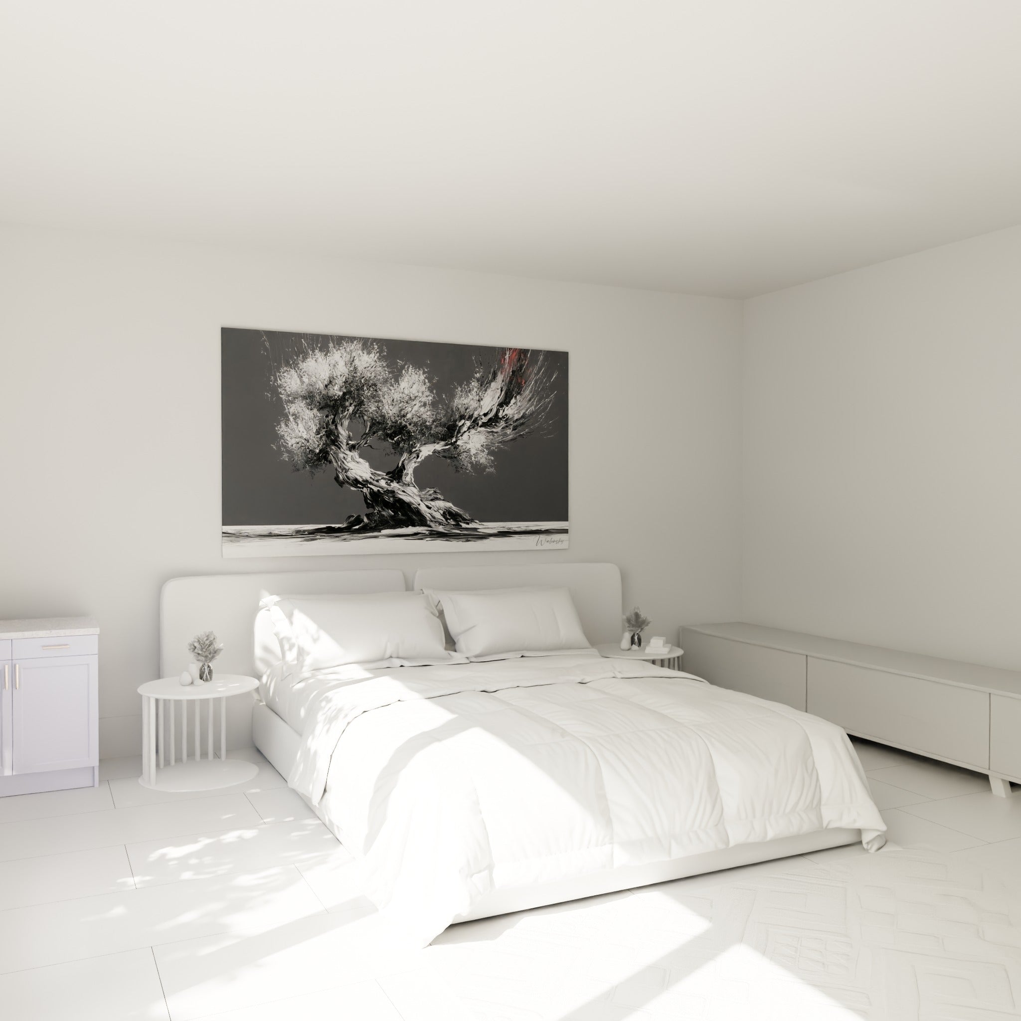 Branches d'olivier blanches et noires au-dessus d'un lit dans une chambre claire
