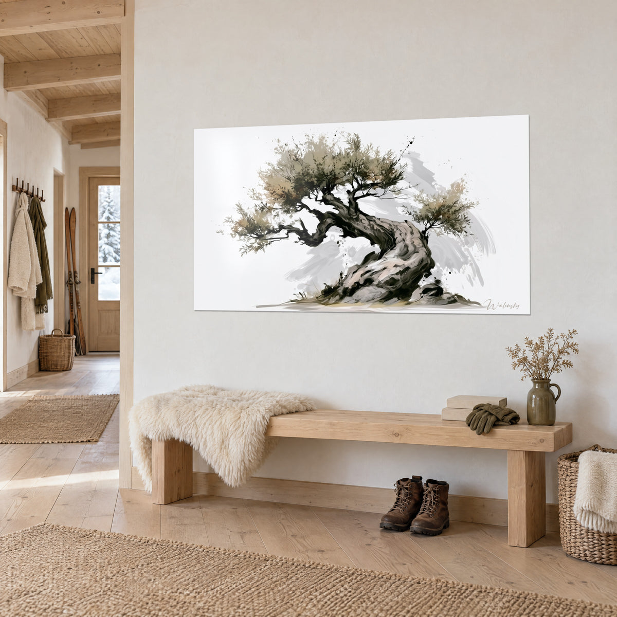 Cuadro árbol nudoso inclinado con ramas verde grisáceo y beige, sombras de tinta pálida, sobre una pared crema, banco de madera estilo chalet