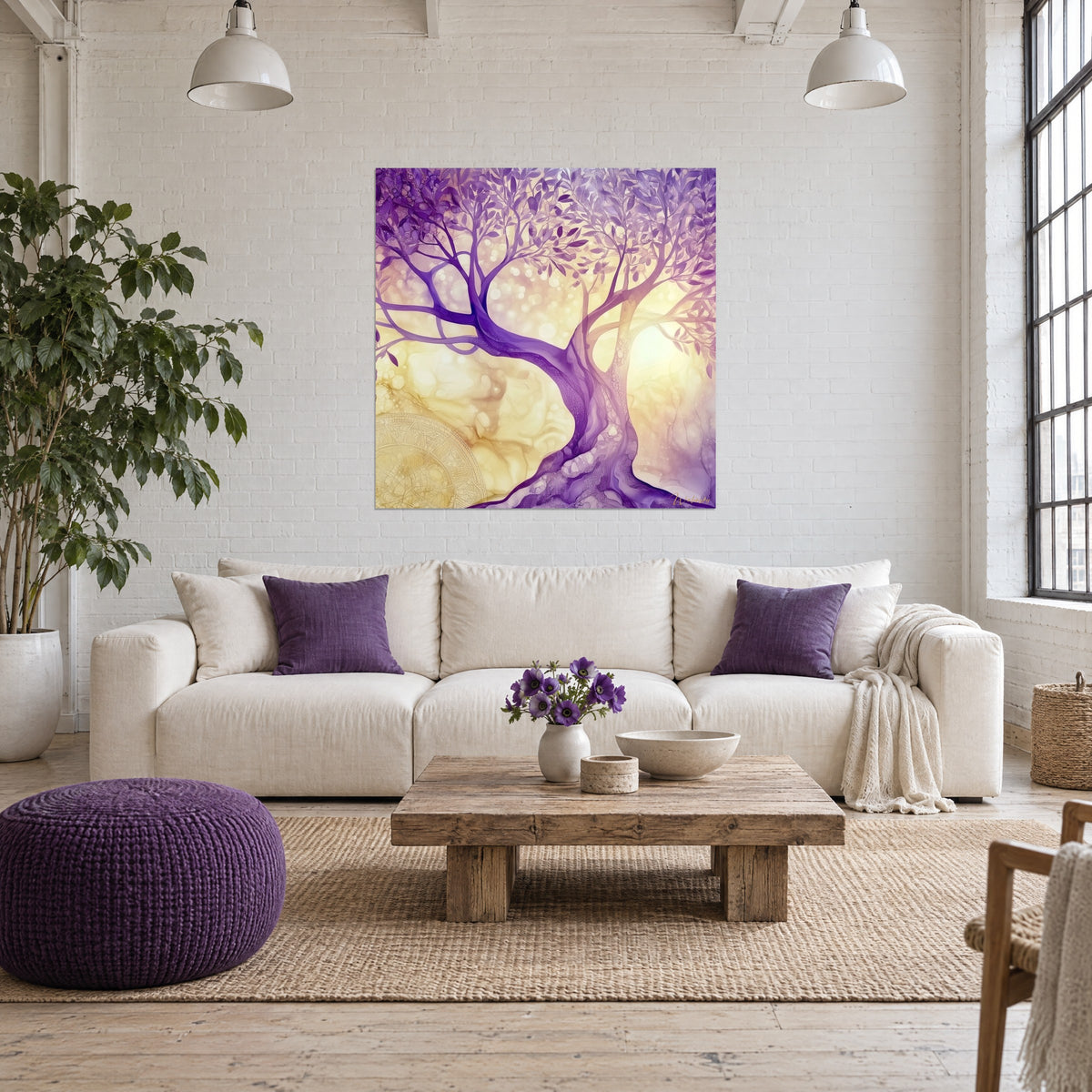 Tableau olivier aux branches violettes sur fond jaune doré, feuilles fines, accroché au-dessus d'un canapé dans un salon lumineux