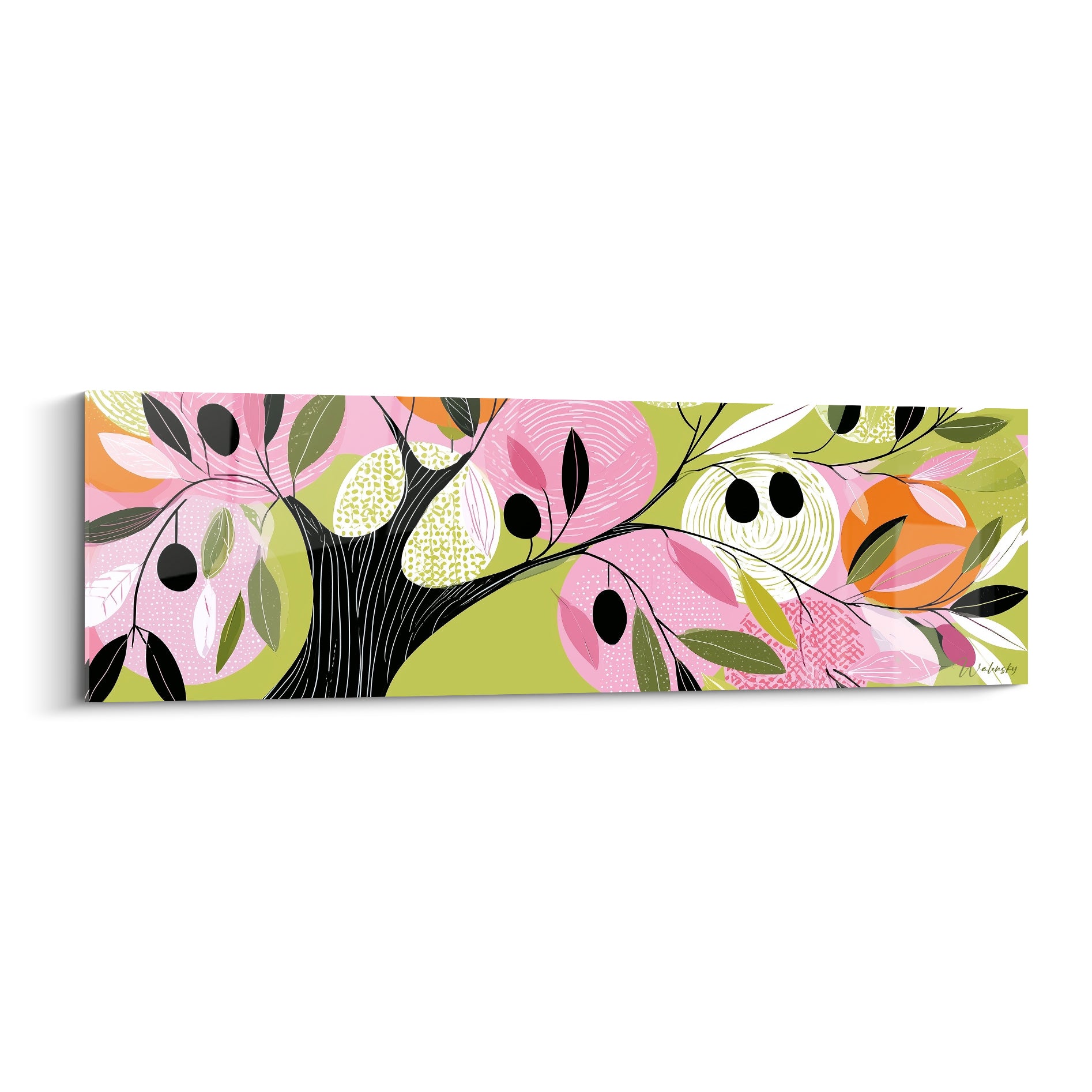 Olivier stylisé aux branches noires, fruits roses et orange sur fond vert olive graphique