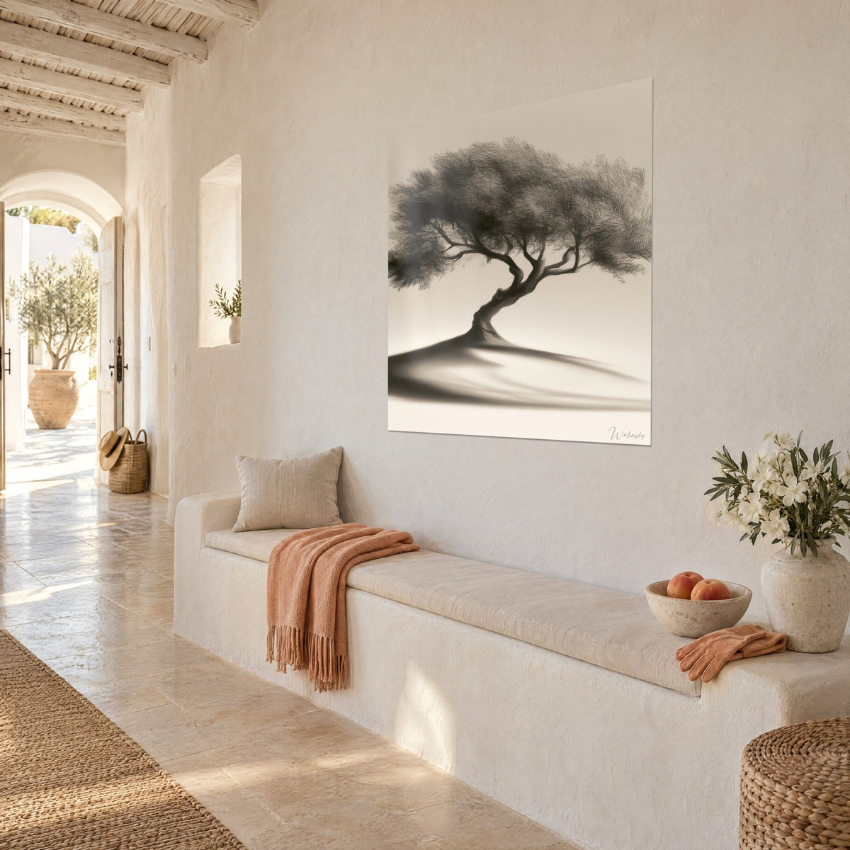 Wall art of a twisted tree silhouette with graphic branches, charcoal black and pale sand, on a stone bench, three-quarter view