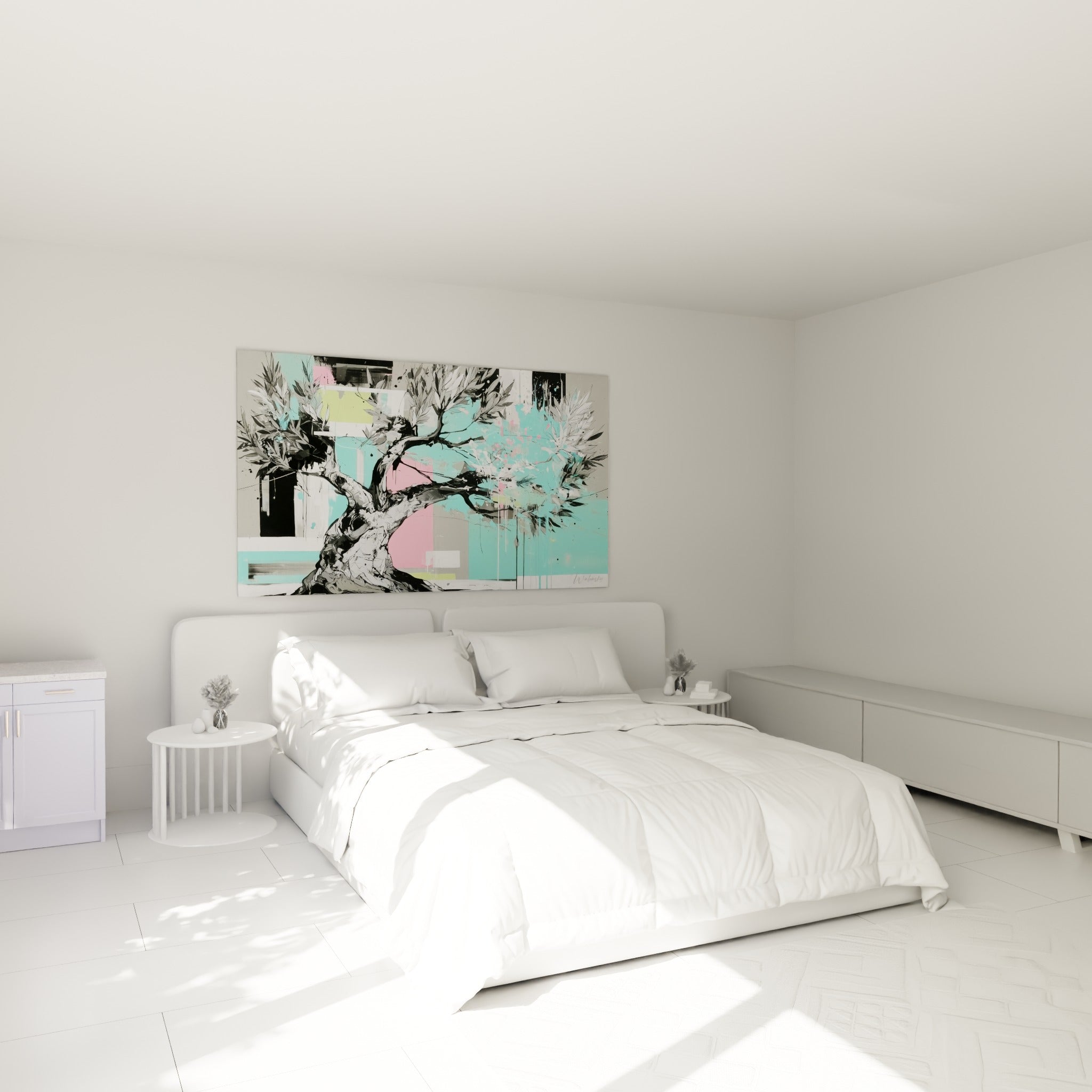 Branches noueuses d'un olivier gris et turquoise accrochées au-dessus d'un lit dans une chambre claire