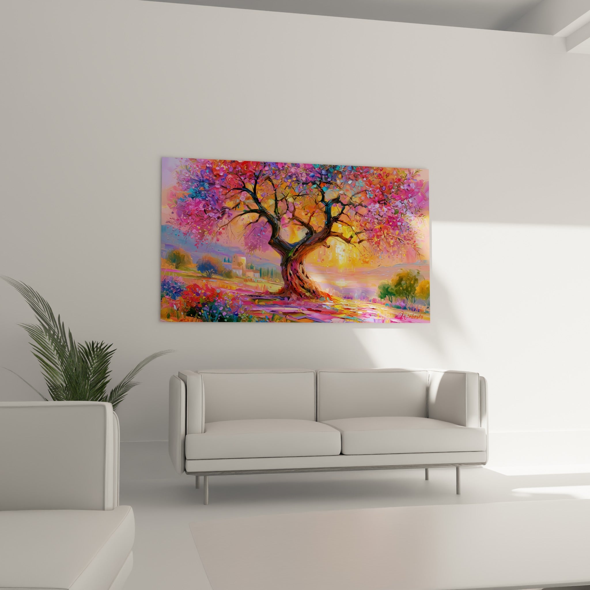 Branches noueuses violettes et roses, lumière dorée, au-dessus d'un canapé dans un salon lumineux