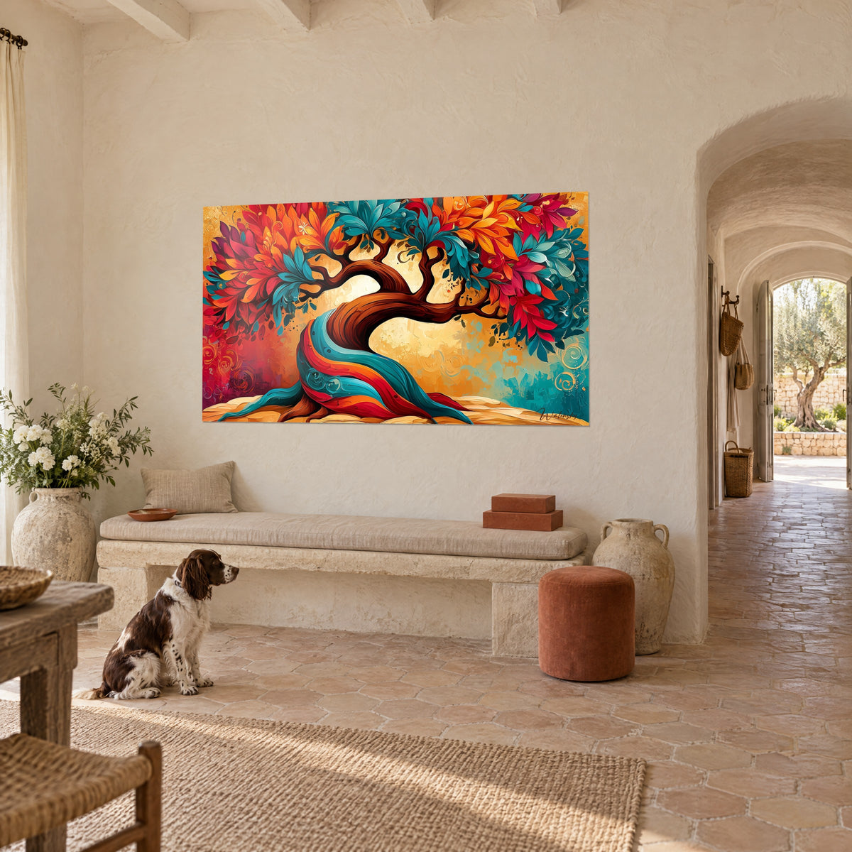 Tableau olivier stylisé au tronc brun ondulant, feuillage rouge et turquoise, spaniel assis, banquette d'un mas provençal