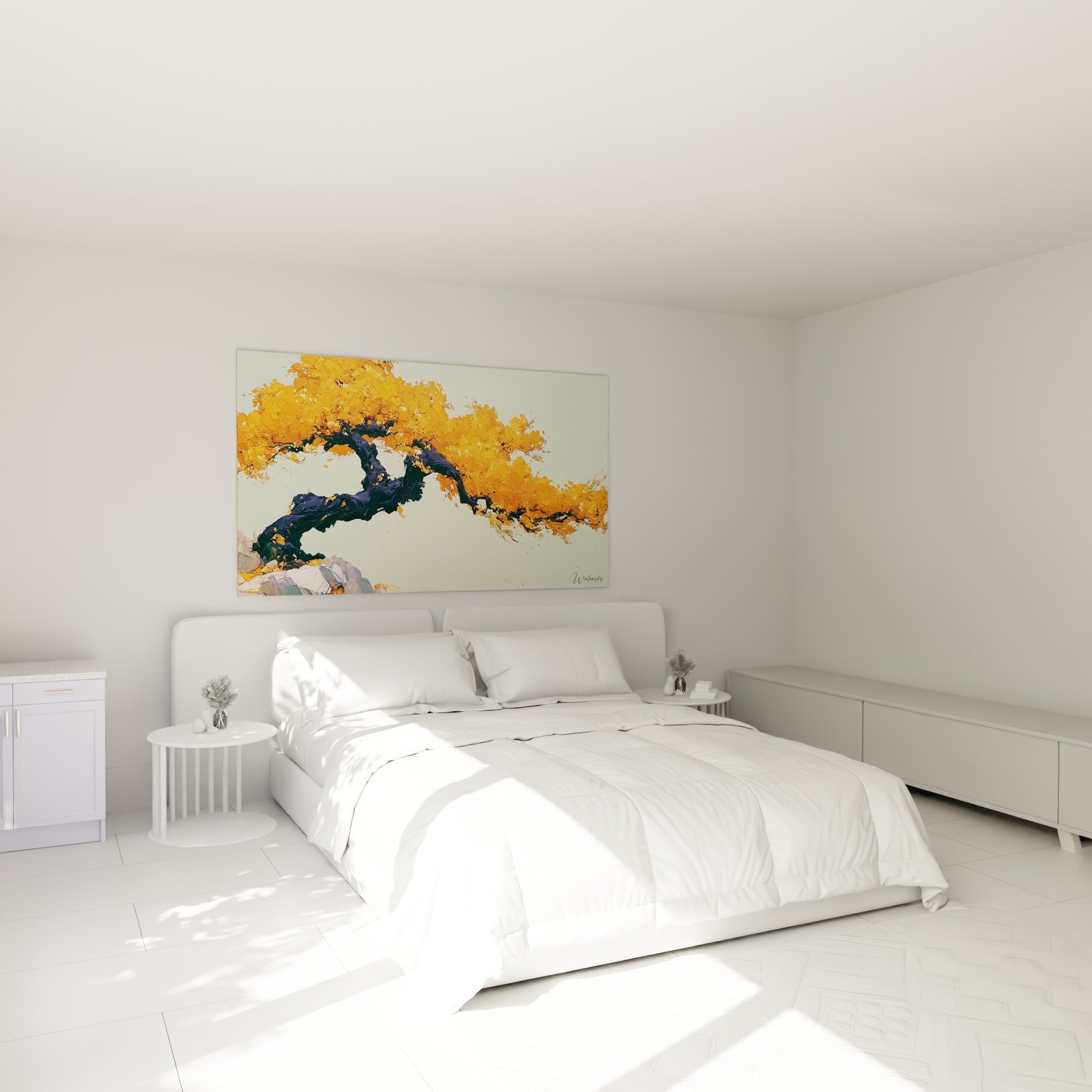 Branches d'olivier orangées et tronc noueux anthracite au-dessus d'un lit dans une chambre claire