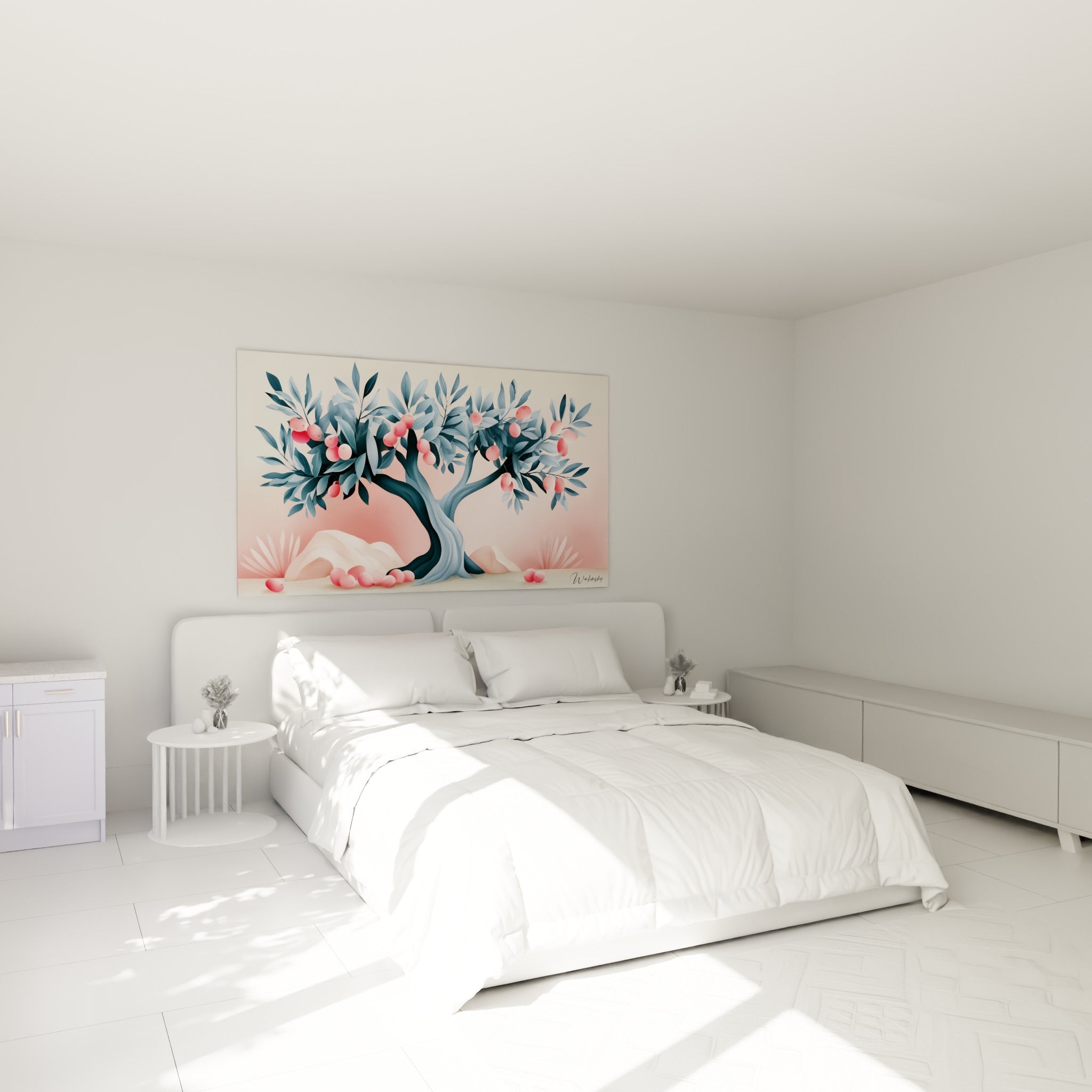 Branches d'olivier bleu et fruits roses accrochées au-dessus d'un lit dans une chambre claire