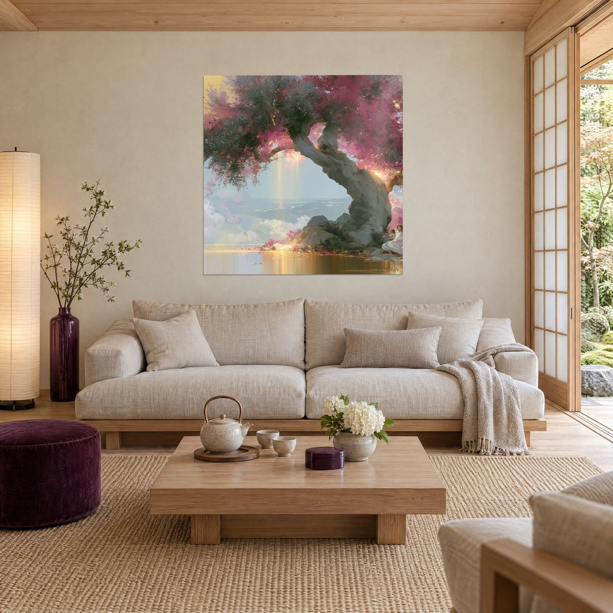 Tableau olivier tordu aux feuillages rose fuchsia et vert-de-gris, lac doré en reflet, au-dessus d'un canapé dans un salon lumineux