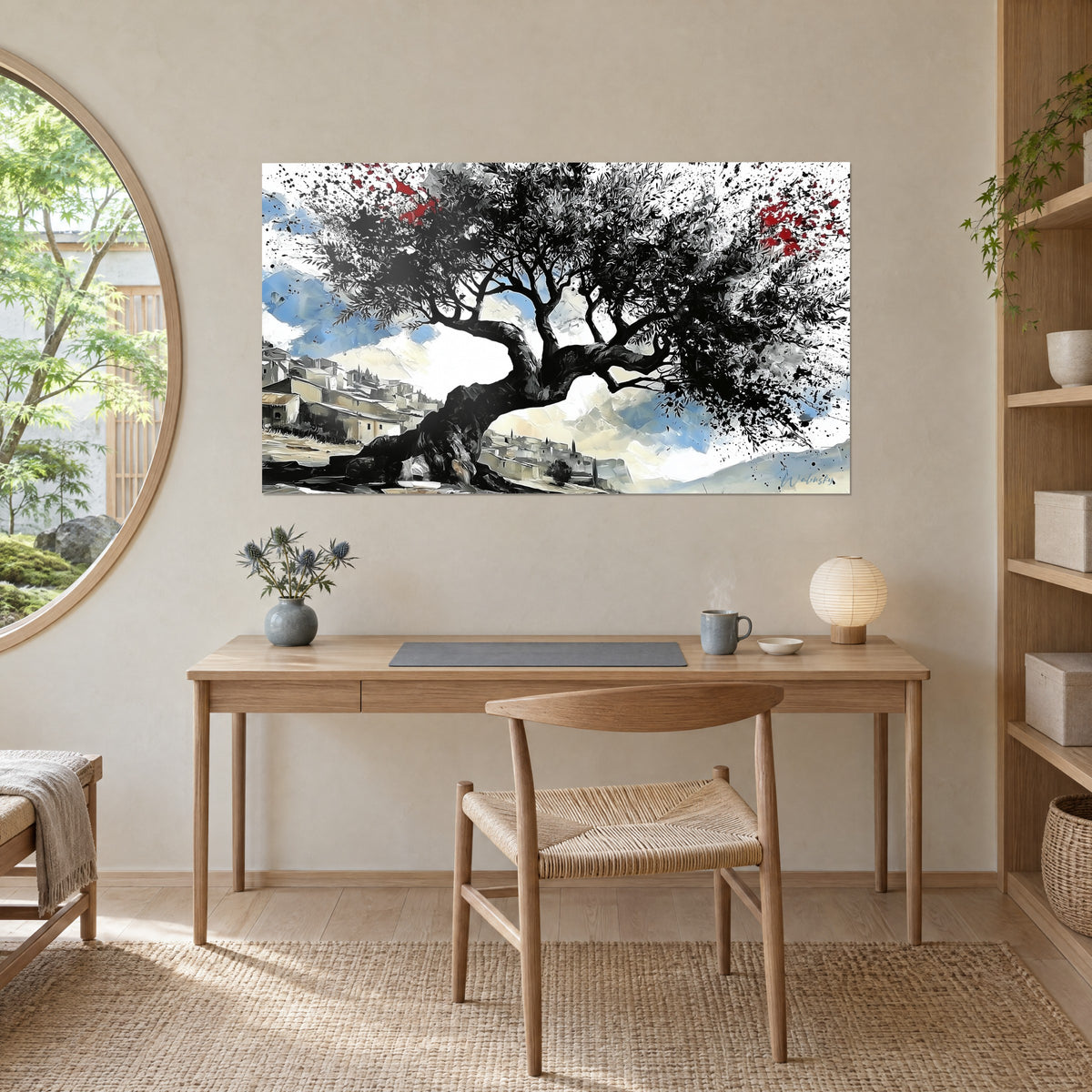 Schilderij olijfbladeren in uitbarstingen van zwarte inkt, fel rood en zacht blauw, opgehangen boven een bureau van licht hout