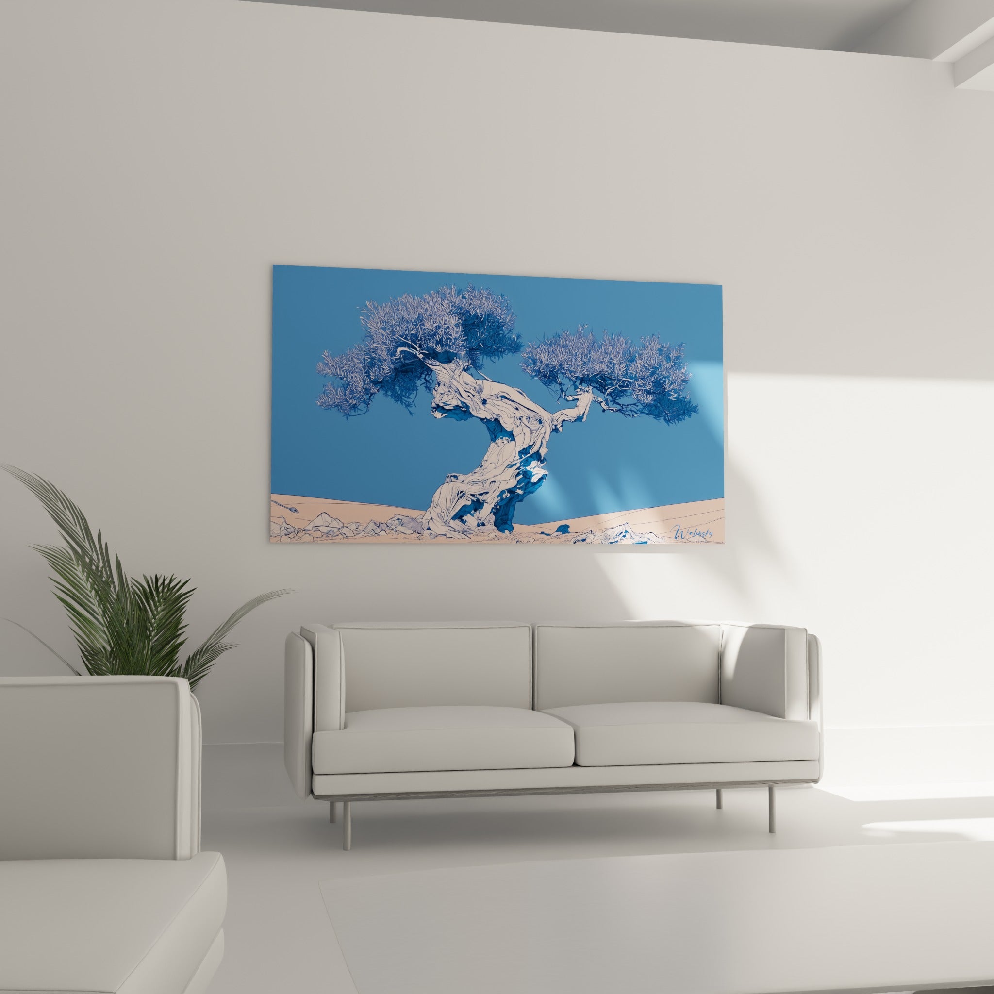 Silhouette d'olivier stylisée en bleu marine et rose, tableau Olivier au-dessus d'un canapé dans un salon lumineux