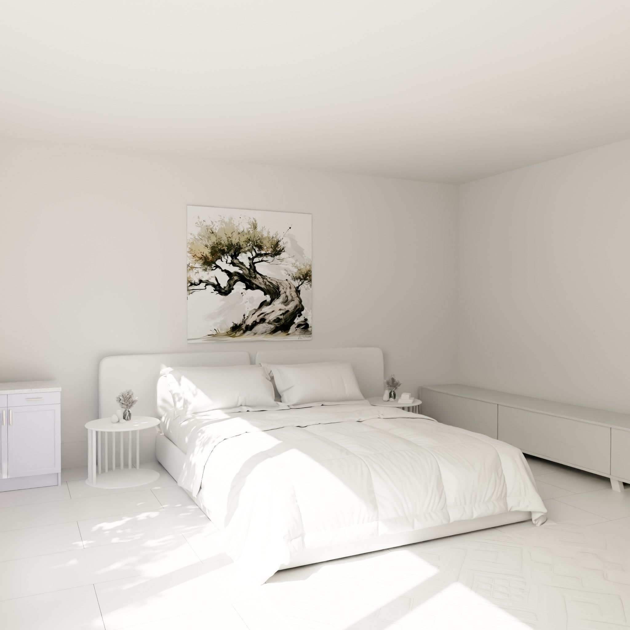 Branches tordues d'un olivier gris et beige doré, accroché au-dessus d'un lit dans une chambre claire