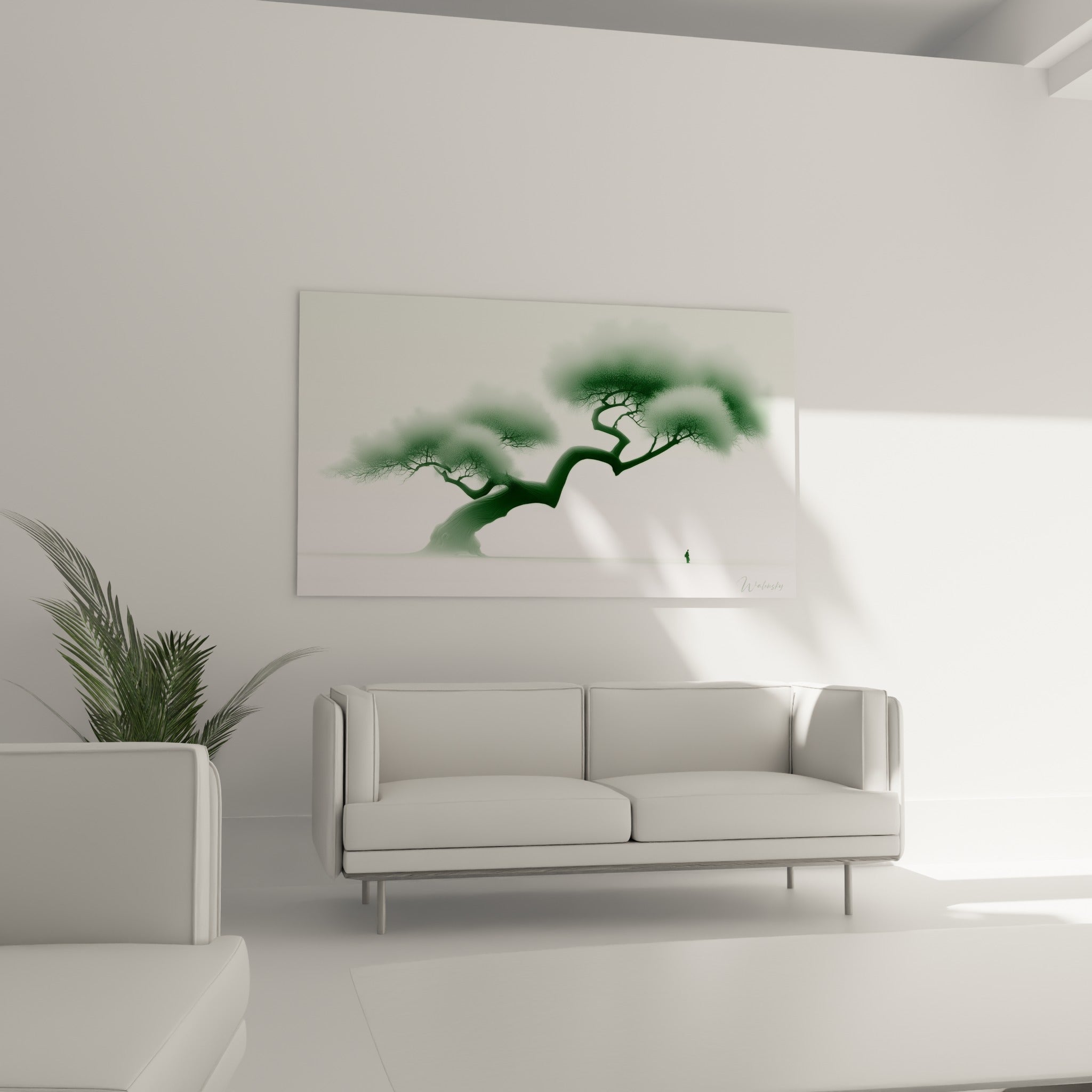 Arbre tourmenté aux branches anthracite et vert d'eau placé au-dessus d'un canapé dans un salon lumineux