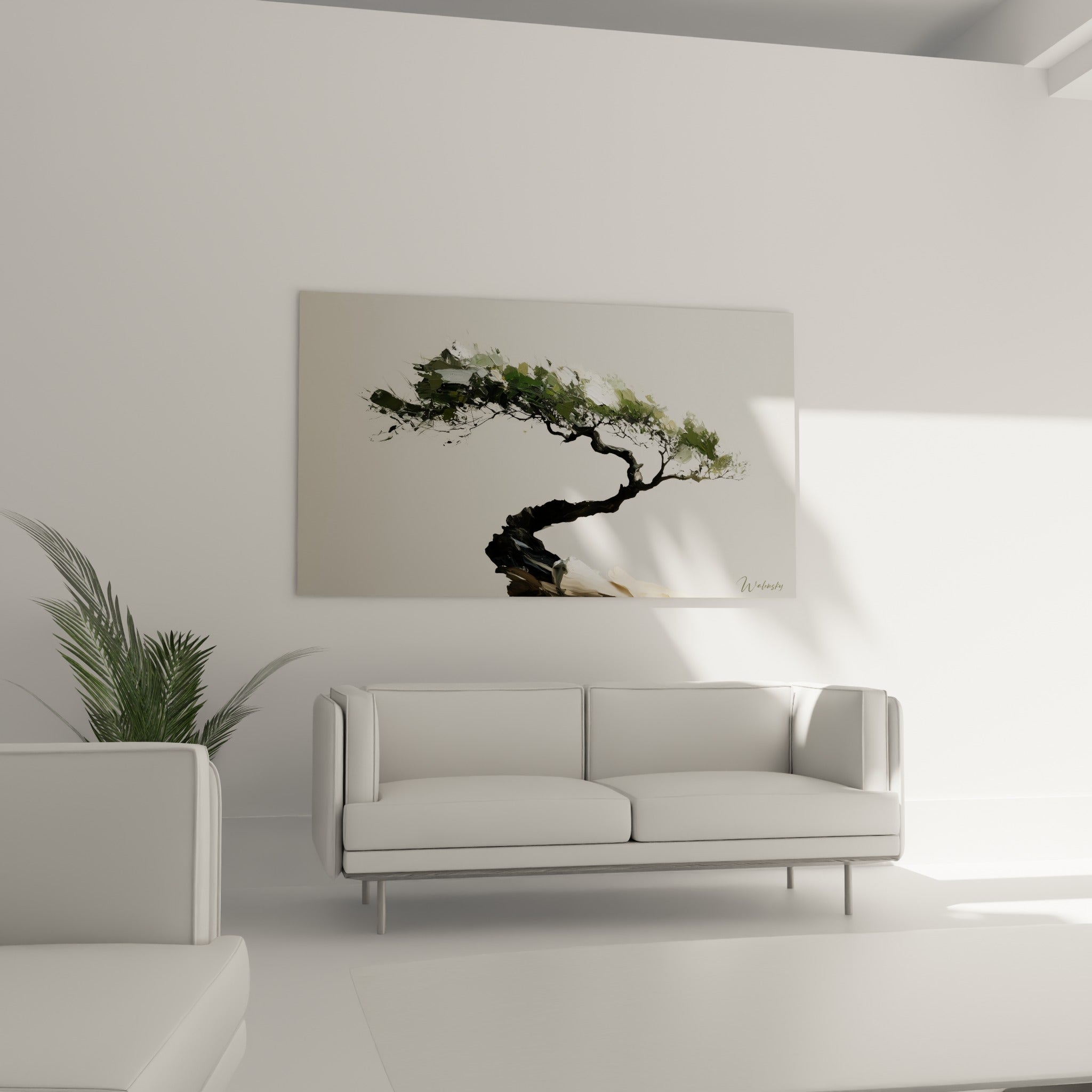 Branches tourmentées de l'olivier anthracite et blanc cassé au-dessus d'un canapé dans un salon lumineux