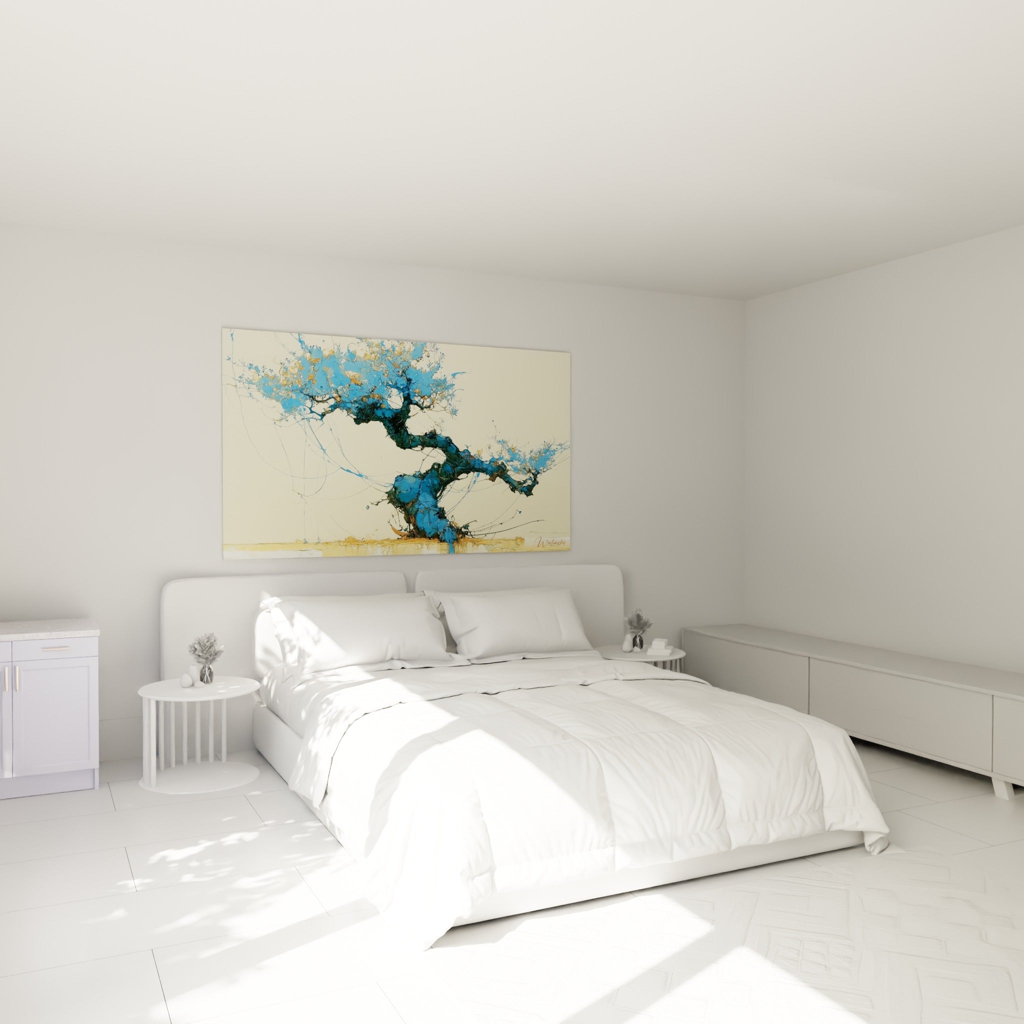 Branches bleu turquoise et éclats dorés d'un olivier stylisé au-dessus d'un lit dans une chambre claire