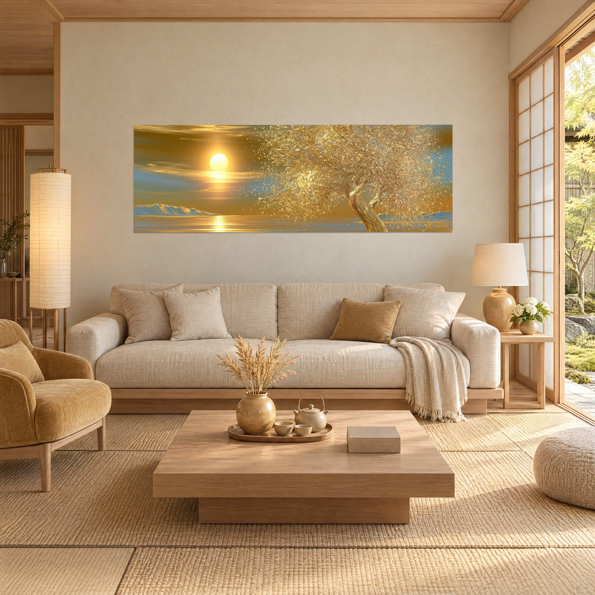 Gemälde Olivenbaum mit goldenen Blättern unter strahlender Sonne, blassblauer Himmel und glitzerndes Ufer, über einem Sofa in einem hellen Wohnzimmer