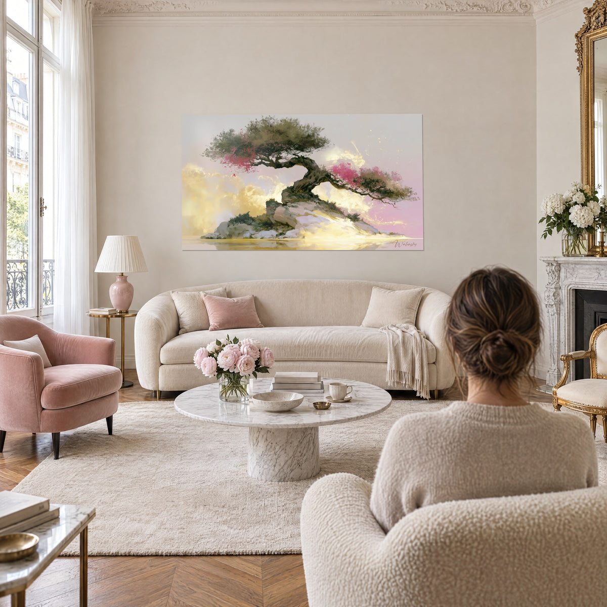 Quadro di un bonsai nodoso con fiori rosa su roccia bianca, cielo dorato e lilla, sopra un divano in un soggiorno luminoso