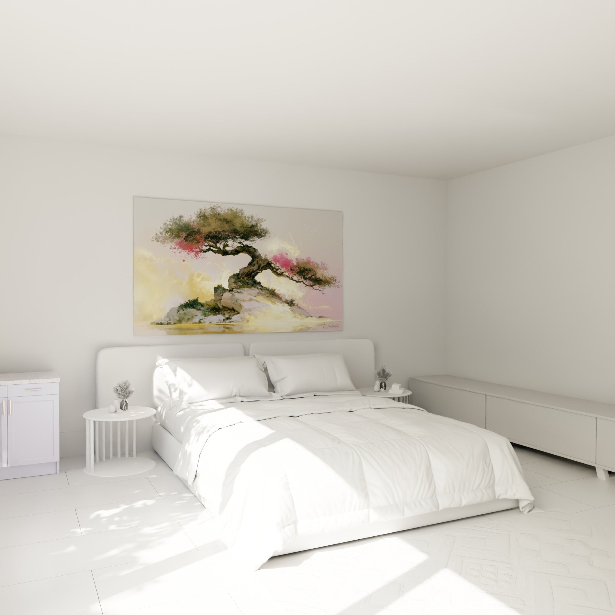 Arbre tourmenté doré et rose pastel accroché au-dessus d'un lit dans une chambre claire