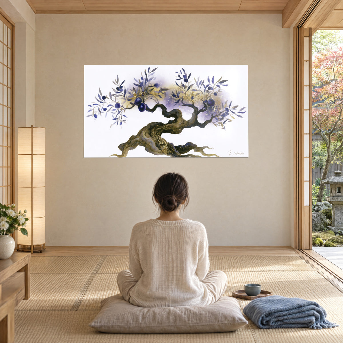 Wall art ancient olive tree with a spiralled gold trunk, indigo foliage and mauve mist, contemplated by a woman seen from behind sitting cross-legged on a grey cushion