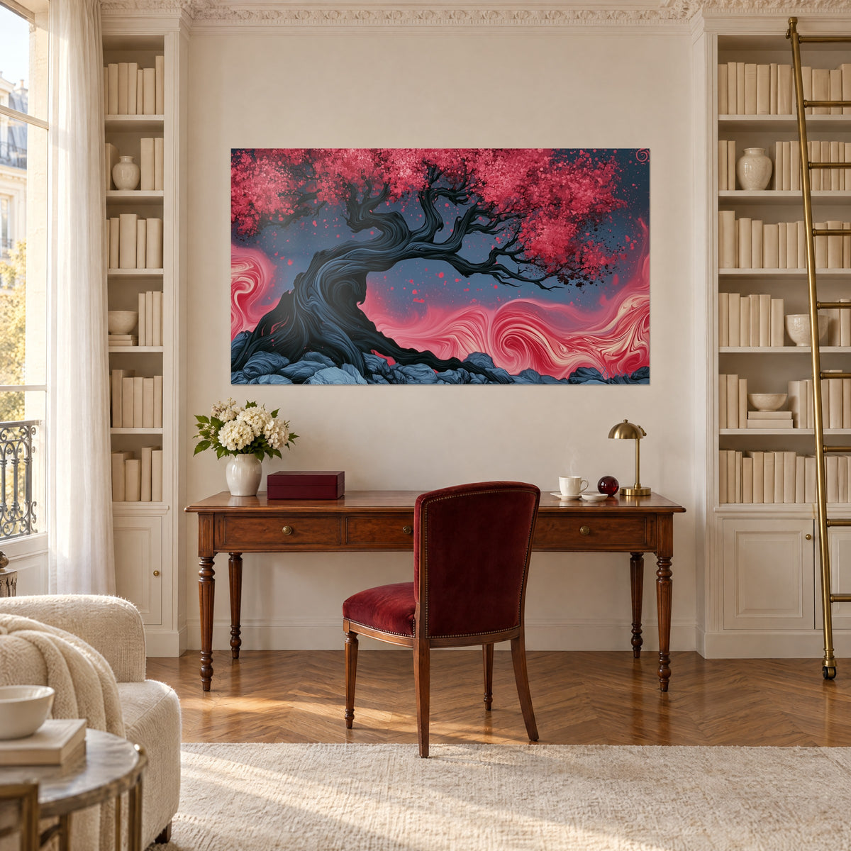 Gemälde finstere Zweige unter einem Regen roter Blütenblätter, blaugraue Felsen, über einem Holzschreibtisch zwischen zwei Bücherregalen