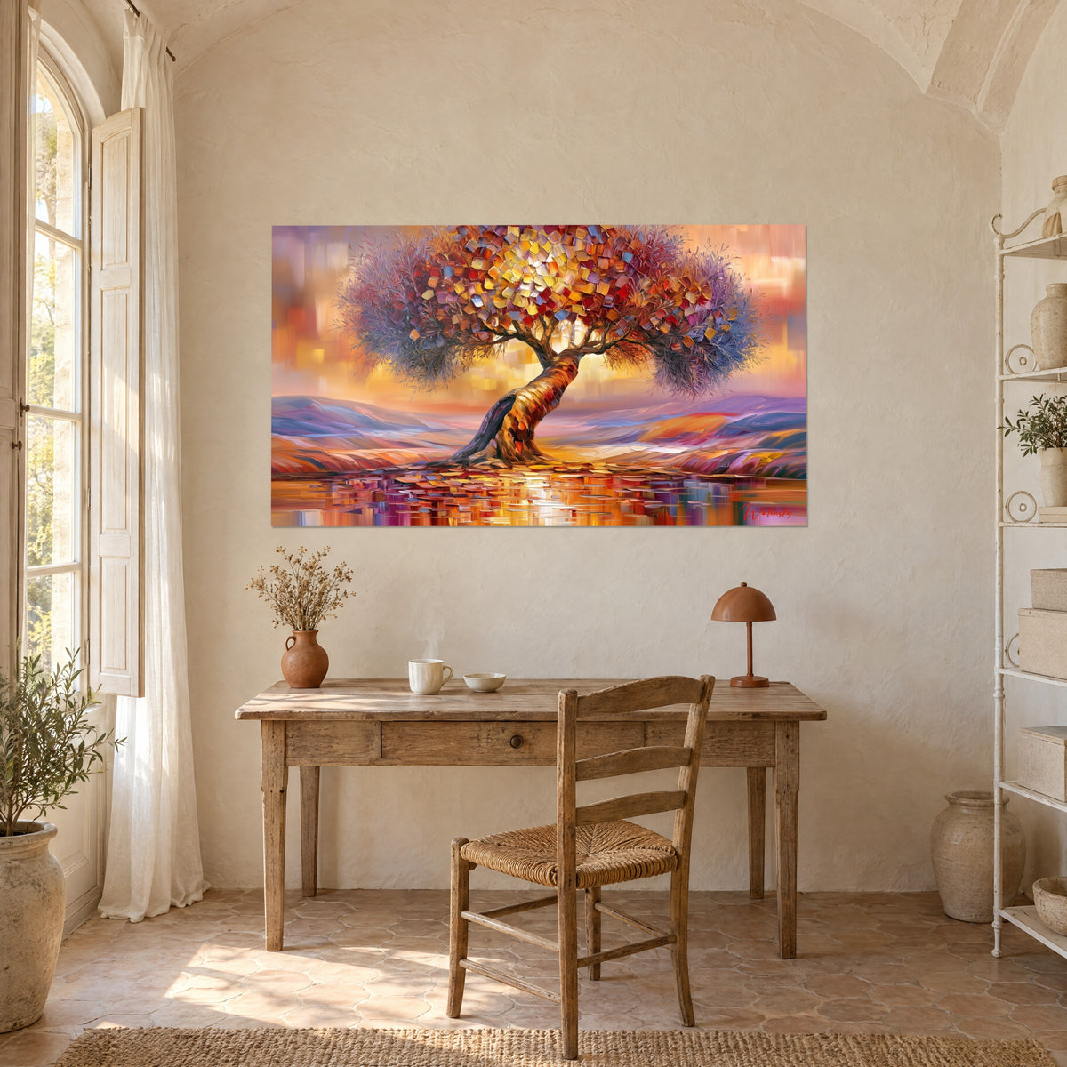 Quadro albero con chioma di sfaccettature zafferano e azzurro pallido, riflessi dorati sull'acqua, scrivania in legno, casolare provenzale