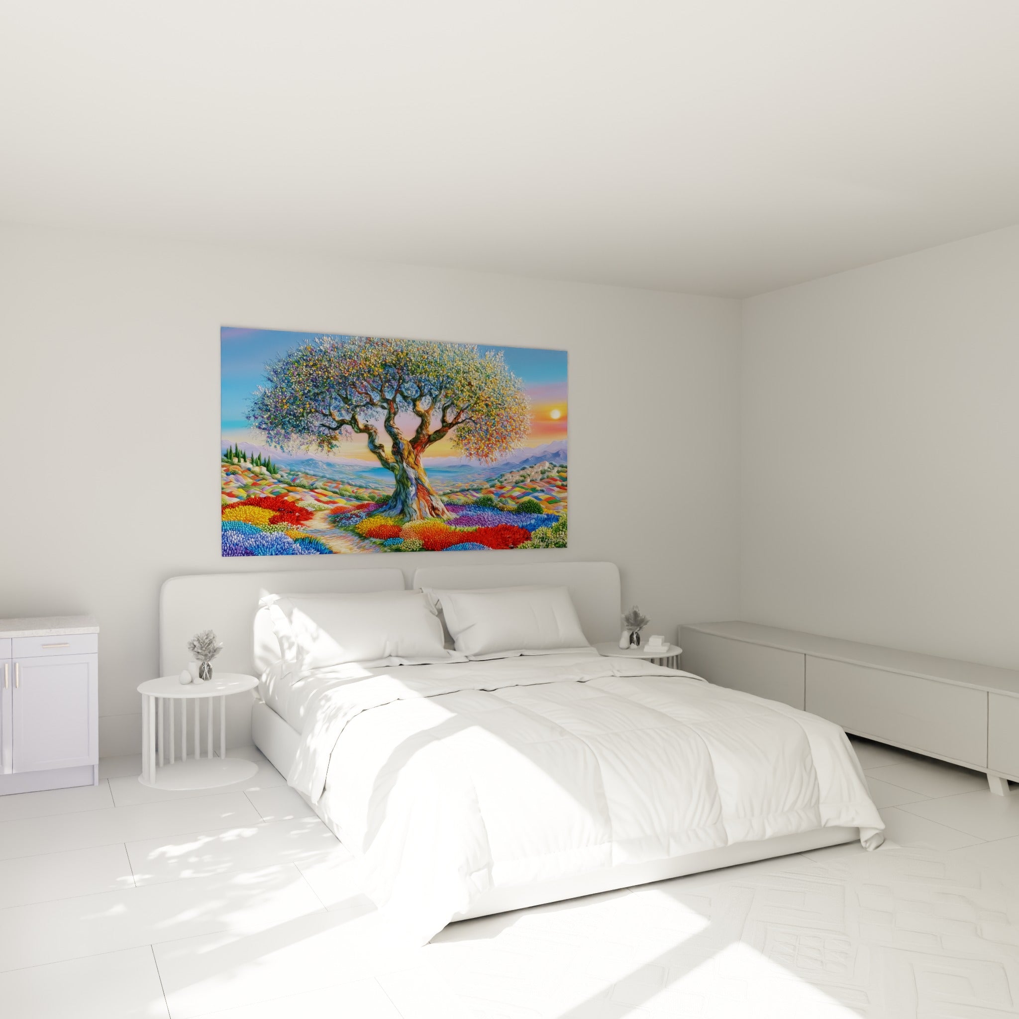 Arbre méditerranéen aux couleurs vives, accroché au-dessus d'un lit dans une chambre claire